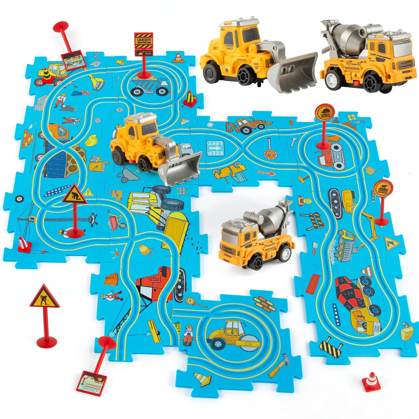 Plastic Puzzles for Kids Ages 3-5 with Toy Car Bulldozer + Cement Mixer, Toddler Puzzles Gift, Critical Thinking Educational Toys, Toys for 3 4 5 6 Year Old Boys Girls