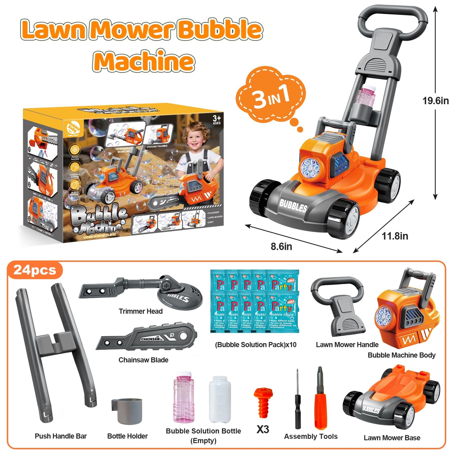 juman Bubble Lawn Mower for Kids, 3in1 Electric Bubble Machine with 10 Bubble Solution, Summer Outdoor Toddler Toys Bubble Blower with Lights, Party Birthday Gift for Boys Girls 3 4 5 6 7 8 Year