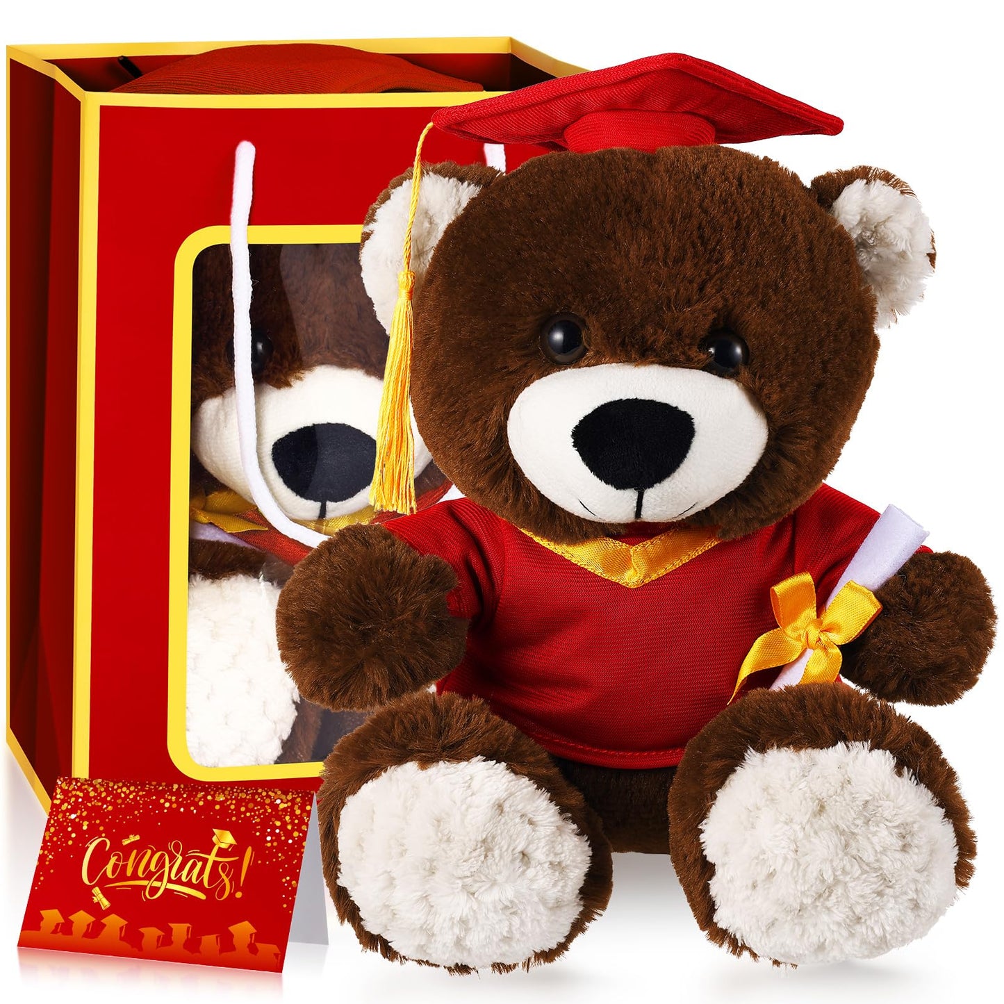 ZJoey Bear with Graduation Cap Toys Class of 2026 Plush Stuffed Teddy Bear Animal Dog Cap and Gown with Greeting Card and Bag for Graduation Day Gift(Red)