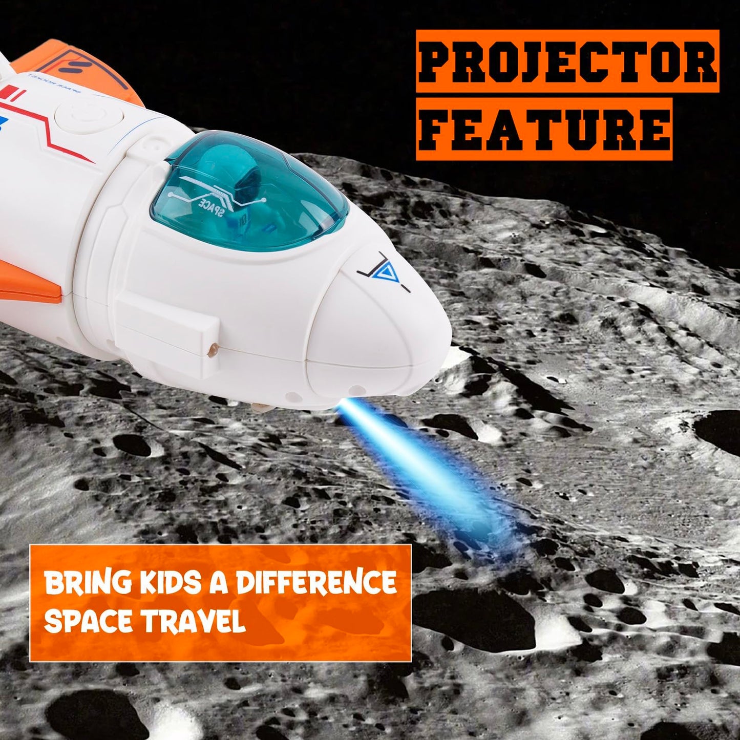 Jomifin Spaceship Toy for Boys Girls, Space Shuttle Toys with Lights and Sound, 3 Astronauts Figure, Openable Cockpit, Spray Exhaust, Astro Venture Space Playset with Lunar car (Orange)