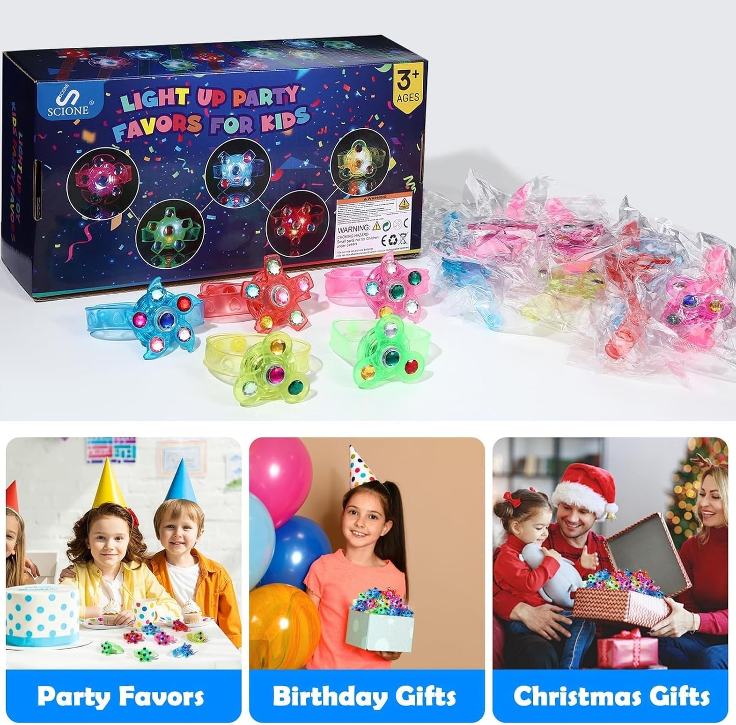 SCIONE 24 Pack LED Light Up Fidget Spinner Bracelets, Glow in The Dark Party Favors for Kids 4-8 8-12, Treasure Box Toys, Birthday Gifts, Carnival Prizes, Goodie Bags Stuffers