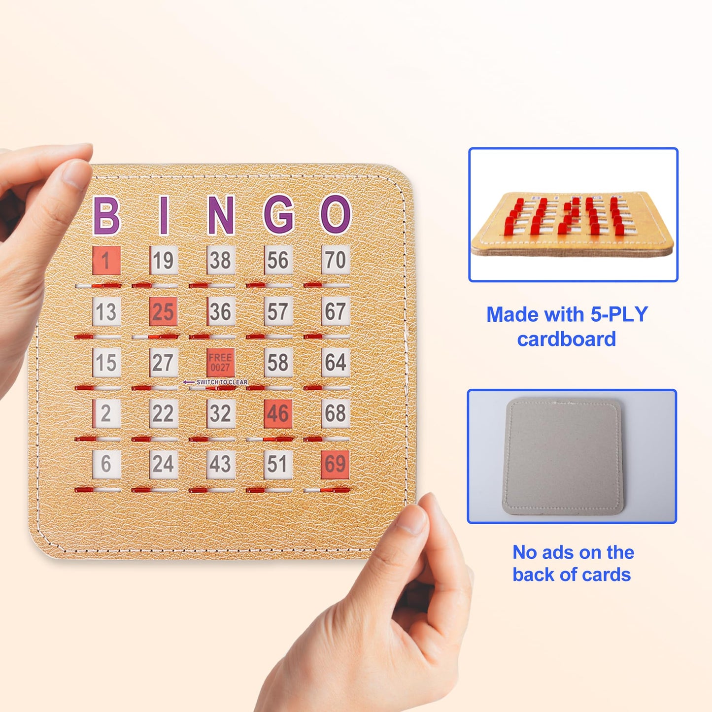 GSE Games & Sports Expert 50-Pack Reusable Shutter Bingo Cards, 5-Ply Stitched Fingertip Bingo Game Cards with Quick-Clear Sliding Windows for Large Groups Bulk Purchasing