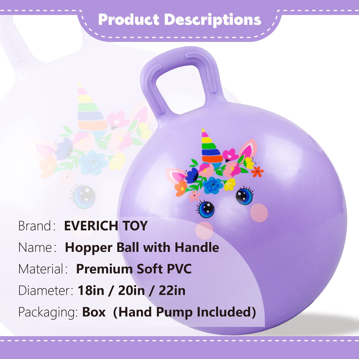 EVERICH TOY Hopper Ball, Unicorn Hopping Toys for Kids, 18 Inch Bouncy Ball with Handle, Purple Inflatable Bouncing Hoppity Hop Toys for Boys and Girls Gifts