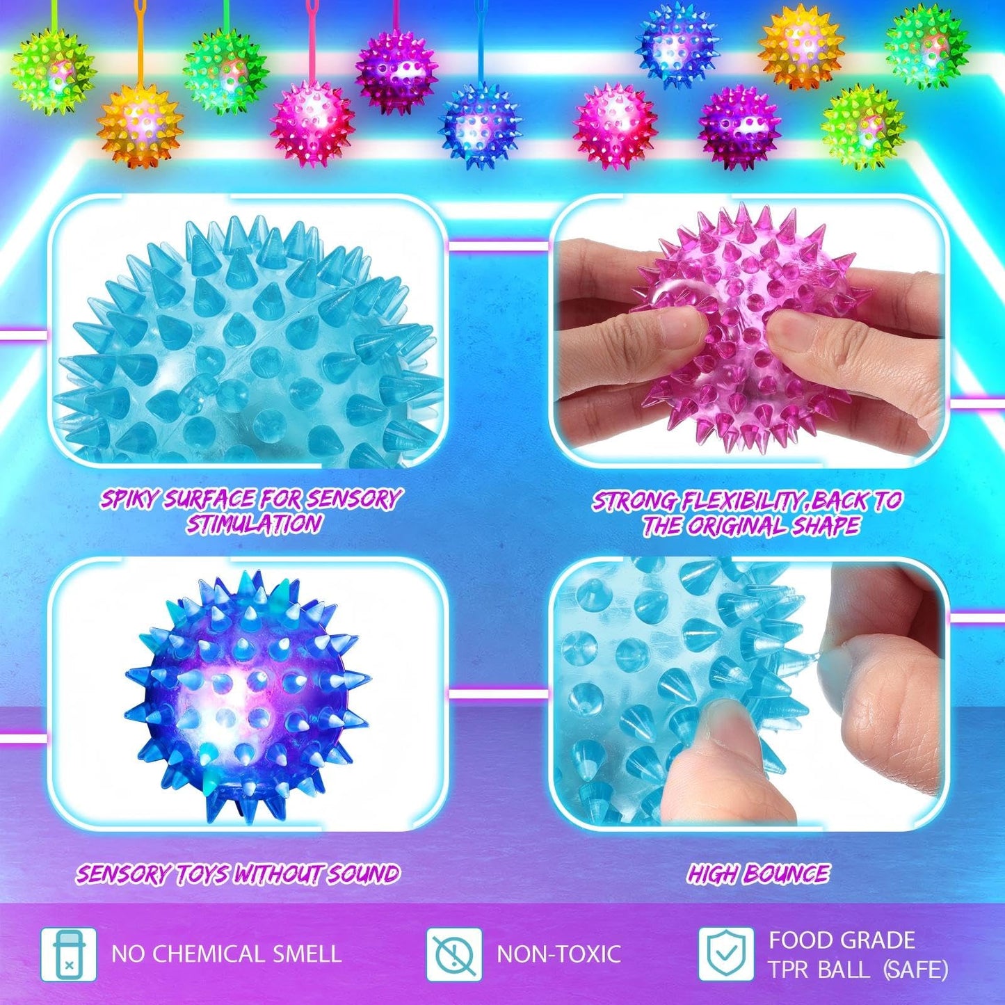 Leitee 36 Pieces Bouncy Balls Party Favor for Kid Light up LED Ball Bulk Glow in The Dark LED Flashing Light Spiky Toy on Rope Sensory Stress Relief Fidget Toy Rubber for Teen Adult Student