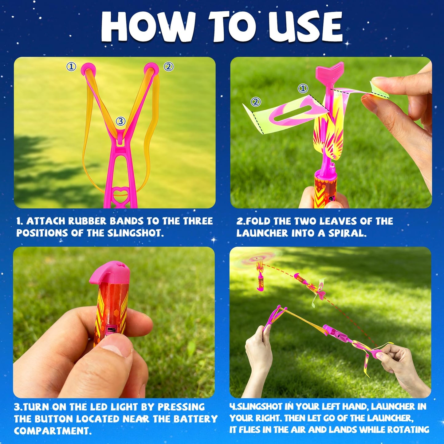 Bloolilies 50 Pcs LED Slingshot Flying Toys for Kids with 25Pcs Slingshots+25Pcs Glow Helicopters Glow in The Dark Rocket Launcher Outdoor Light Up Toys Birthday Gift Party Favors for kids 4-8 8-12