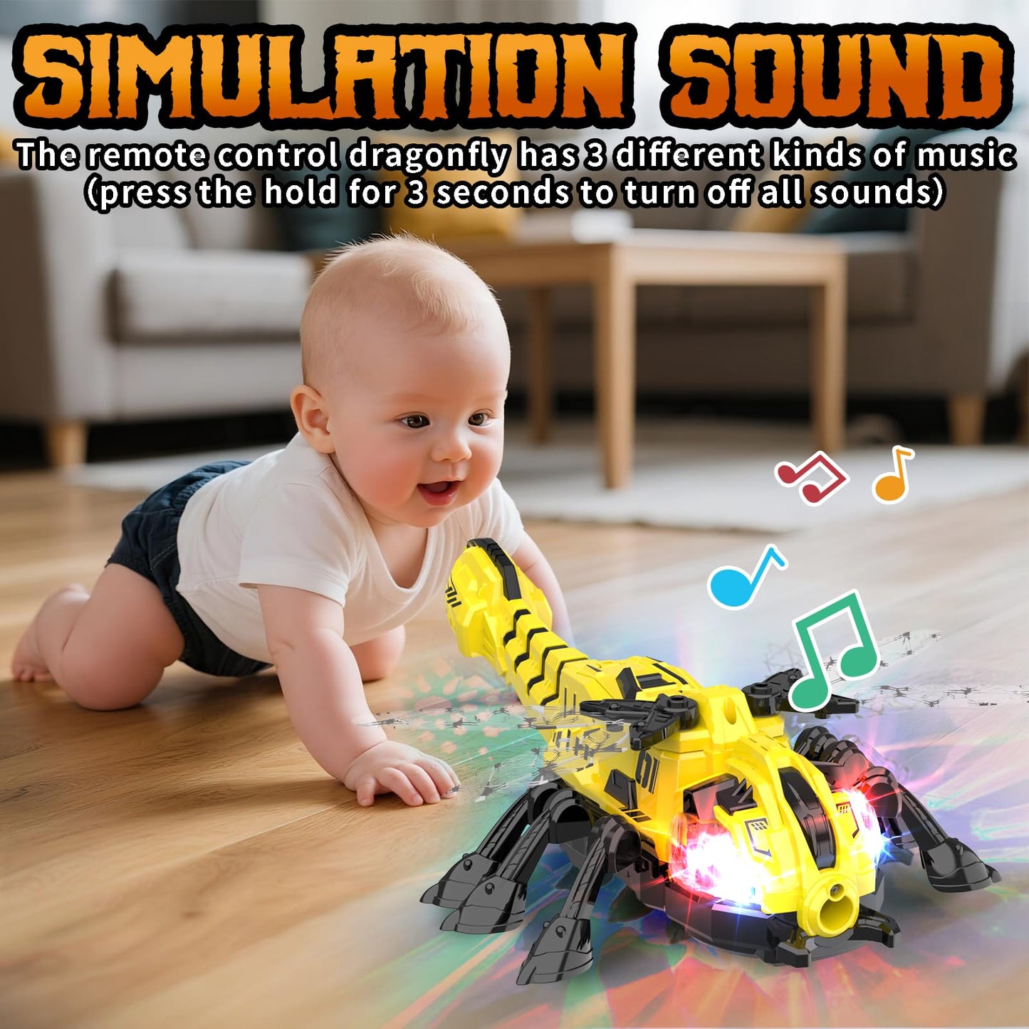 Remote Control Dragonfly Toy, Robot Dragonfly with 2.4 GHz Remote Controller, RC Stunt Robot with Spray/Lights/Music, Dragonfly Gift for Boys Girls, Halloween, Christmas, Toys for Party Prank, Yellow