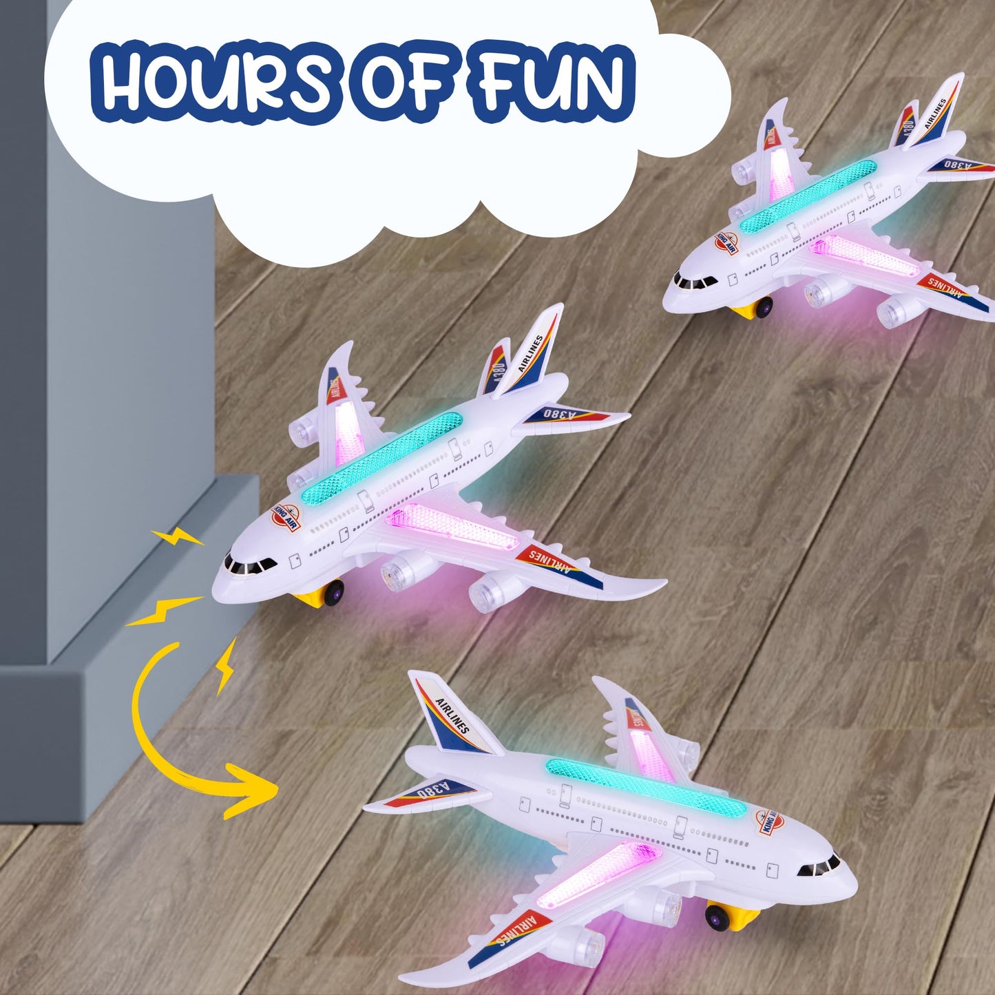 ArtCreativity Light-Up Airplane Toy with Bump & Go Action, Flashing LED Lights & Takeoff Sounds – Kids Airplane Toy with Moving Wheels – Fun Birthday Gift for Boys & Girls Ages 3-8