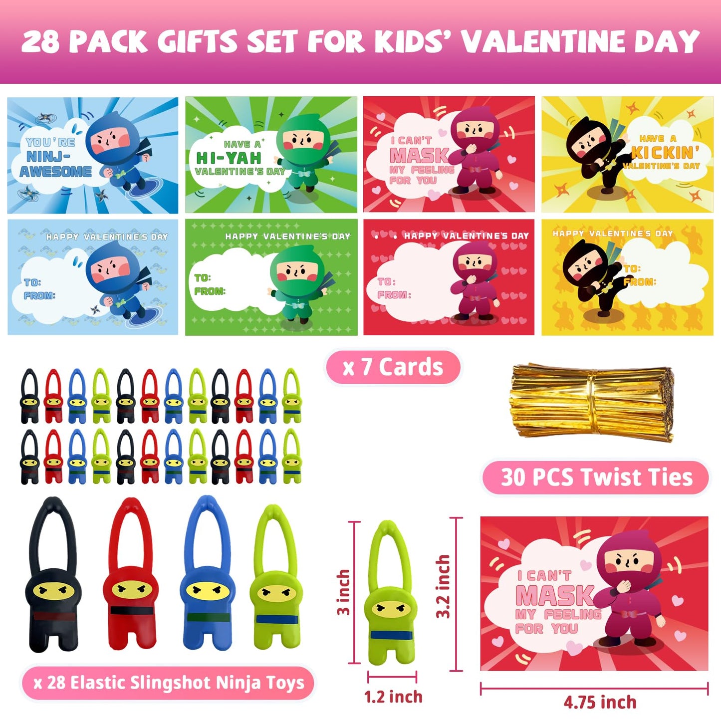 Valentines Day Gifts for Kids Classroom, 28 Pack Ninja Valentines Day Cards with Stretchy Flying Elastic Slingshot Ninja Toys, Sticky Hands for Kids Valentines Exchange Gifts School for Boys & Girls