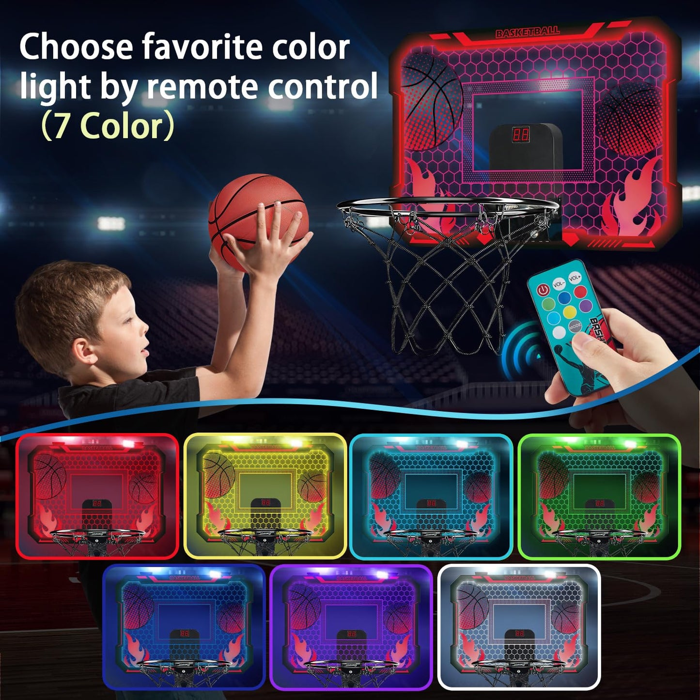 VROGTIK Indoor Basketball Hoop for Kids with Led Lights Mini Basketball Hoop with Remote Control Over The Door Basketball Hoops with Scoreboard Basketball Toys for 4-12 Year Old Boys Girls