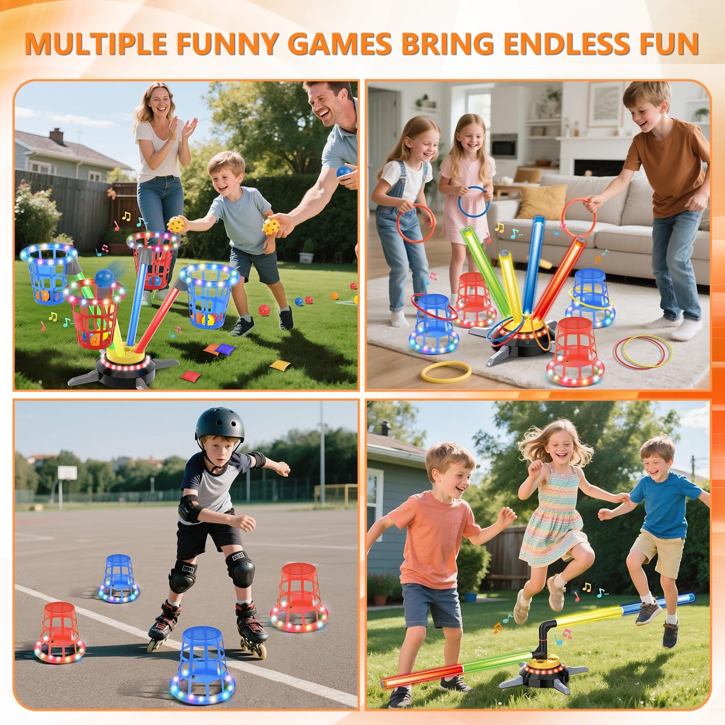TERRAMUS 3 in 1 Bean Bag Ring Toss Game for Kids, Rechargeable Musical Jumping Games w/LED Light & Remote, Electric Spinning Base, Sandbags, Rings, Carnival Indoor Outdoor Sport Toy for 3+ Boys Girls