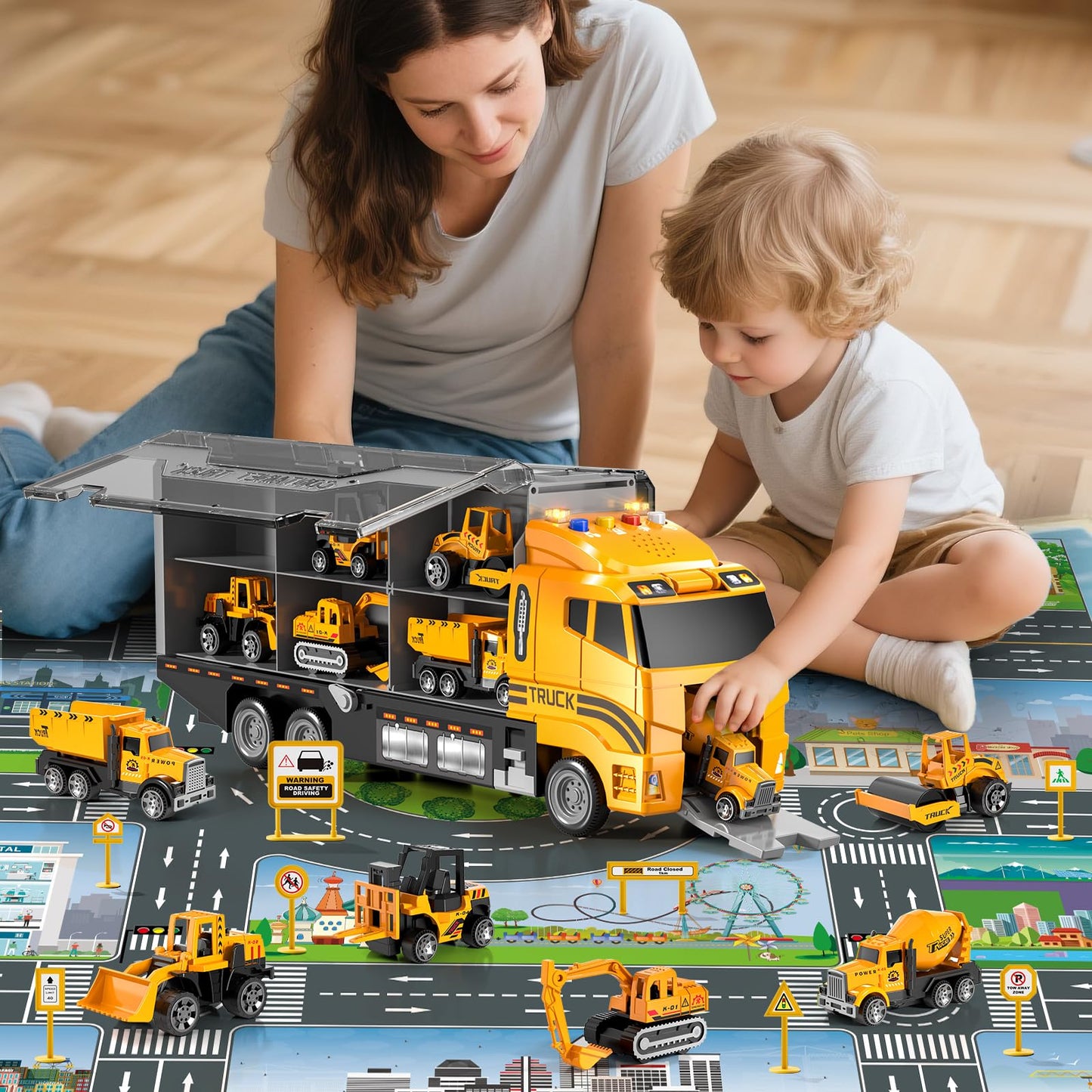 Toddler Boys Construction Truck Set: Construction for Boy 3 4 5 6 Years Old | with Play Mat and Die-Cast Toy Car | Birthday Gifts Toys for 3-8 Year Old Boys | Kids Toys Cars with Light and Sound