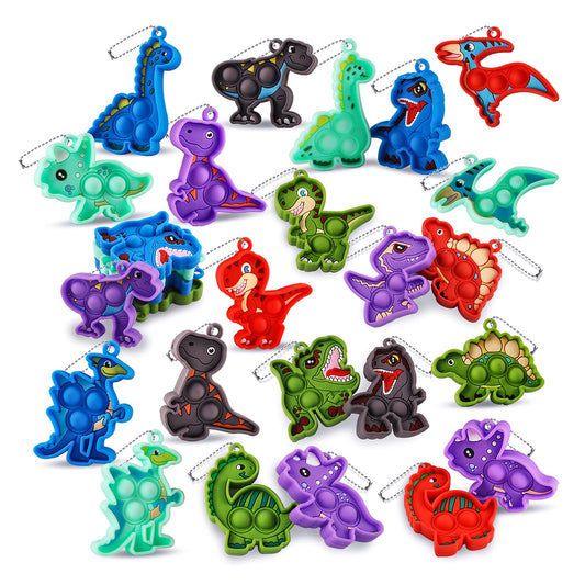 Kiss Monkey 24 Pack Dinosaur Party Favors for Kids, 12 Styles Dinosaur Silicone Fidget Keychains Bulk, Pop Sensory Fidget Toys, Birthday Goodie Bag Fillers, Classroom Prizes for Boys Girls
