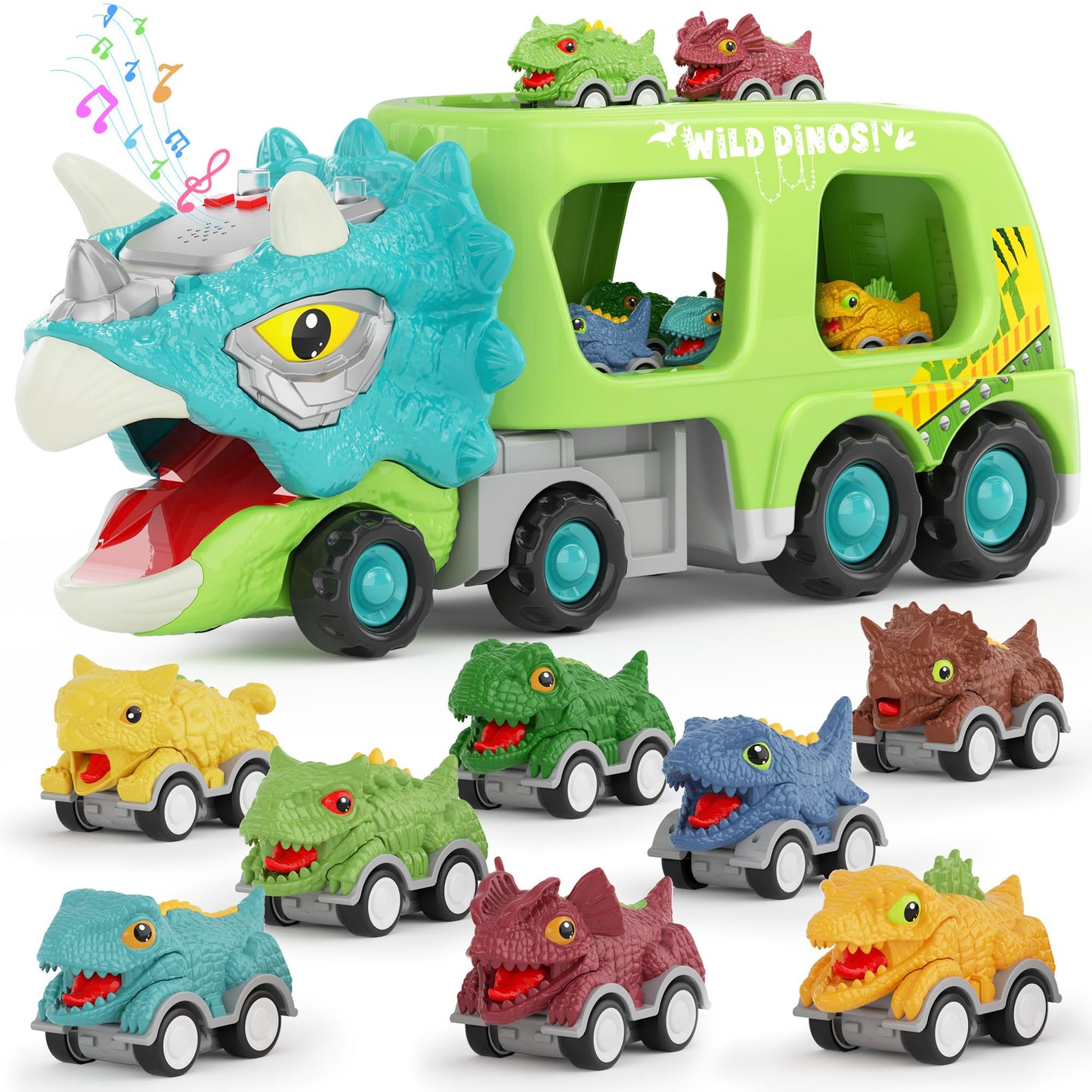 LADFAR Dinosaur Toys for Kids 3-5, Toddler Boy Toys, Dinosaur Carrier Truck with 8 Pull Back Cars, Transport Carrier Truck for Toddlers, Birthday Gifts with Music & Lights for 2 3 4 5+ Year Old Boys