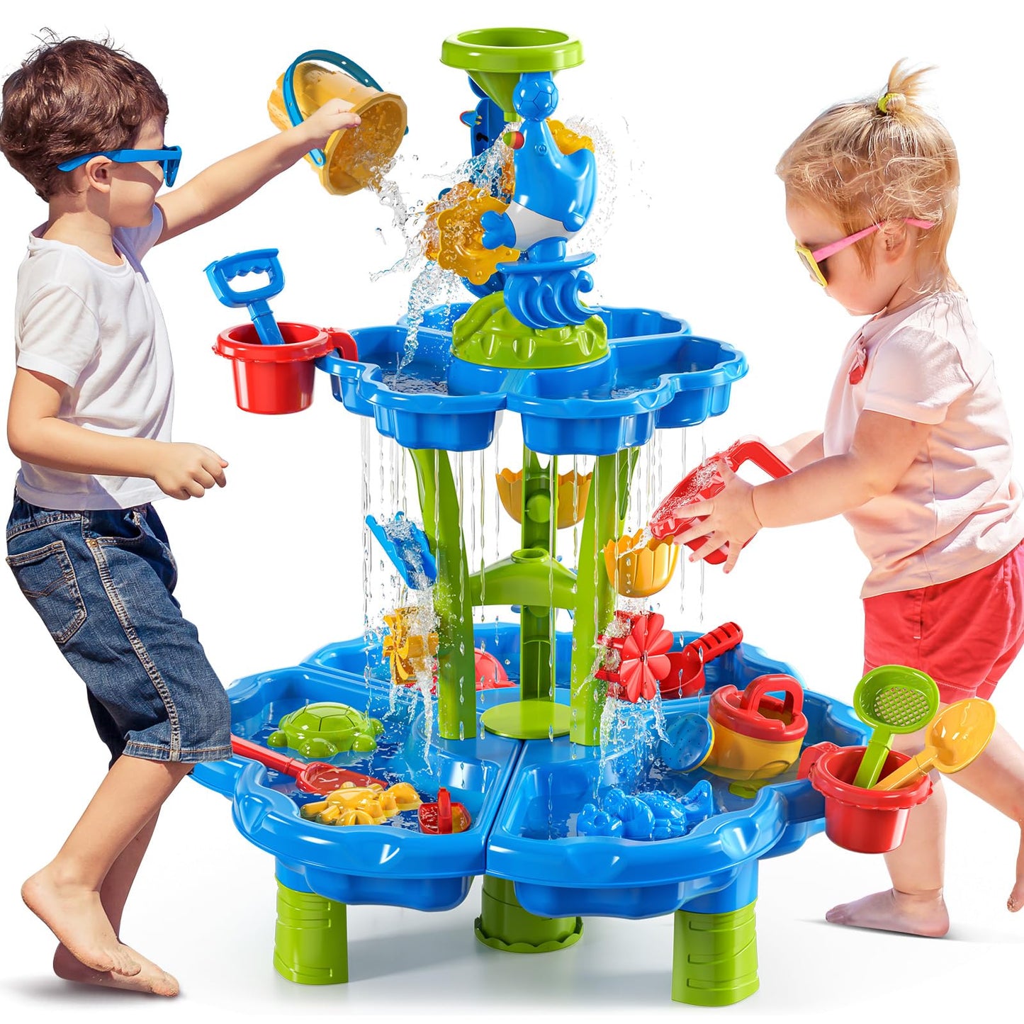 JUKUDAHU 2-Tier Sand and Water Table Toys for Kids Aged 3 4 5 6 7 8, Outdoor Activity Playset Sensory Play Table with Beach Toys Accessories Water Waterfall, Birthday Gifts for Toddlers 3-4 3-5 4-6