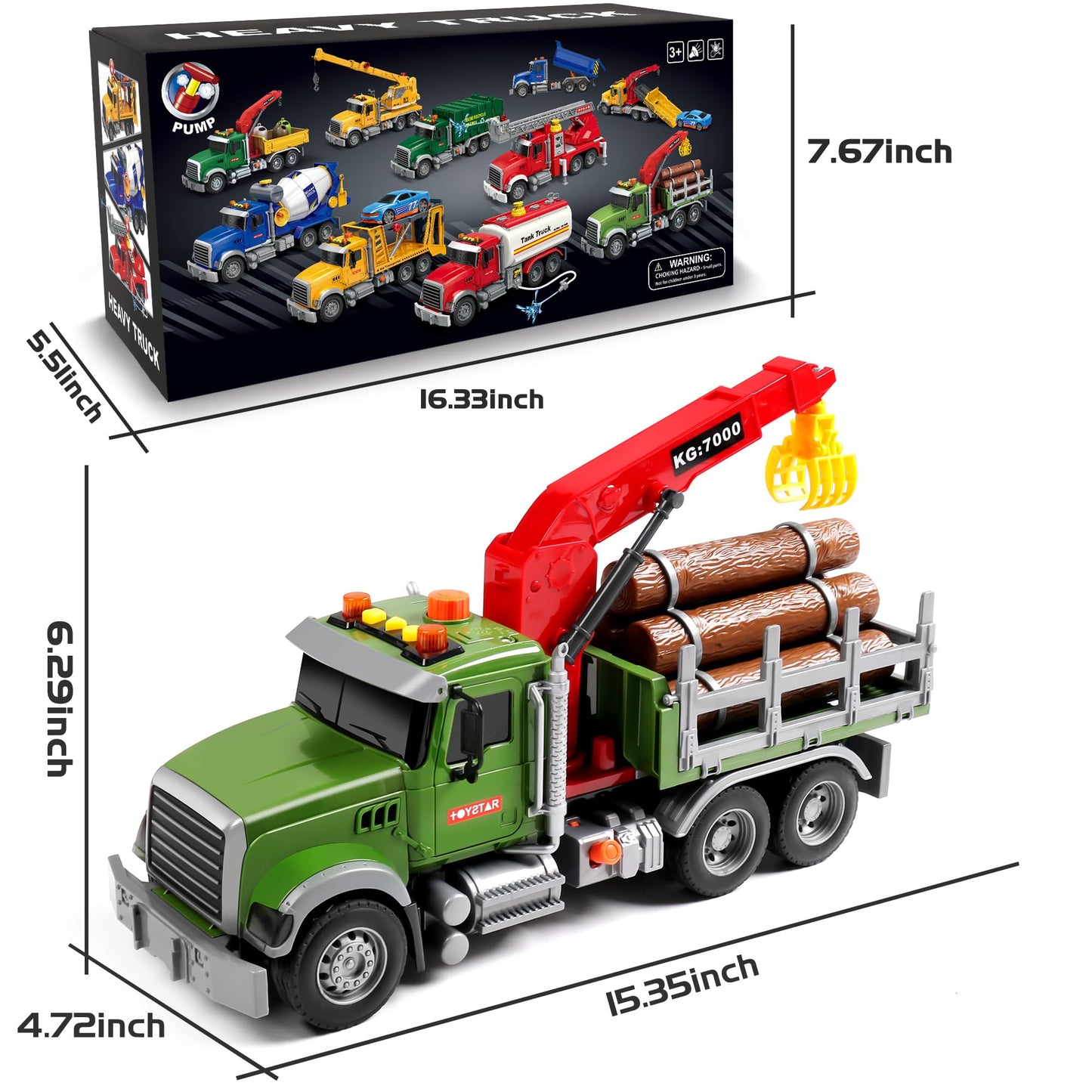 Dwi Dowellin Kids Toys for 3 4 5 6 7 Years Old Boys,15" Large Timber Truck with Loading Crane and 6 Trunks,Birthday Gifts for Boy Toddler Child