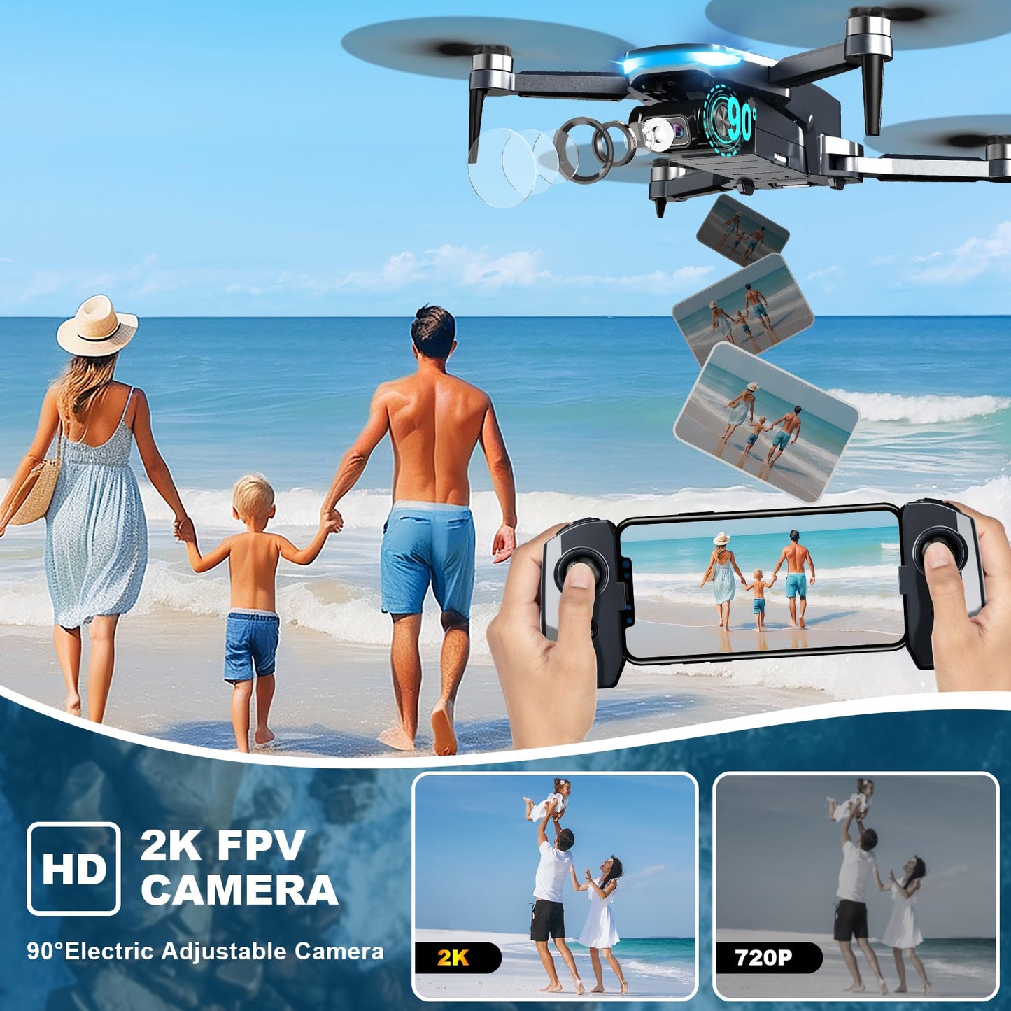 GPS Drone with Camera, 2K HD Drones for Adults, Foldable FPV Drone with GPS Auto Return, Follow Me, Circle Fly, Waypoint Fly, 5G Transmission, Gestures Selfie, Brushless Motor, 2 Batteries,Jet Black