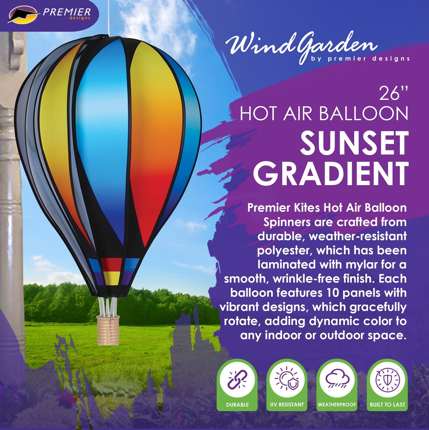 Hot Air Balloon Hanging Garden Spinner 26" - Vibrant Sunset Gradient Design, Weather-Resistant Outdoor Decor, Durable & Lightweight for Patios, Yards, and Gardens - Eye-Catching Wind Spinner