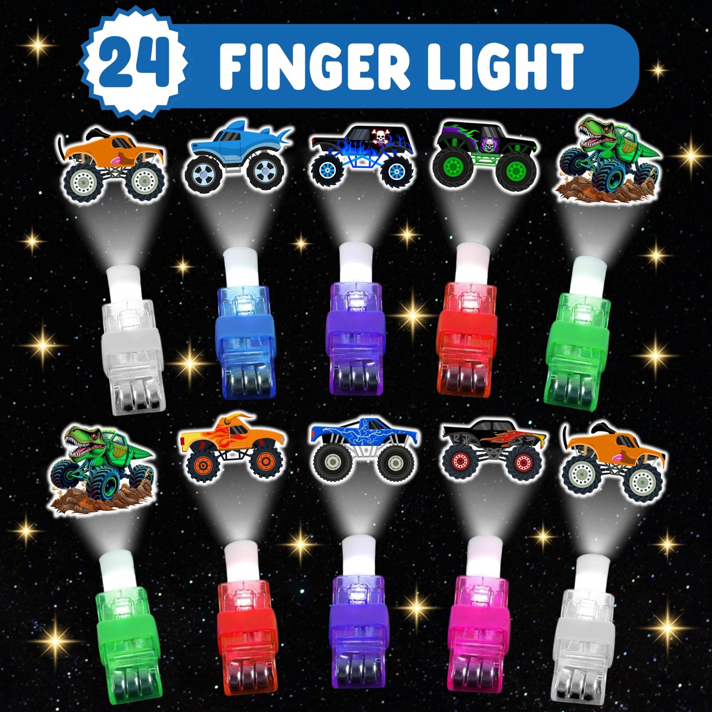 72 PCS Monster Truck Party Favors – 48 PCS Tattoos & 24 PCS LED Finger Lights Combo – Birthday Goodie Bag Fillers, Party Supplies, Gifts Light Up Toys Glow In The Dark for Boys and Girls