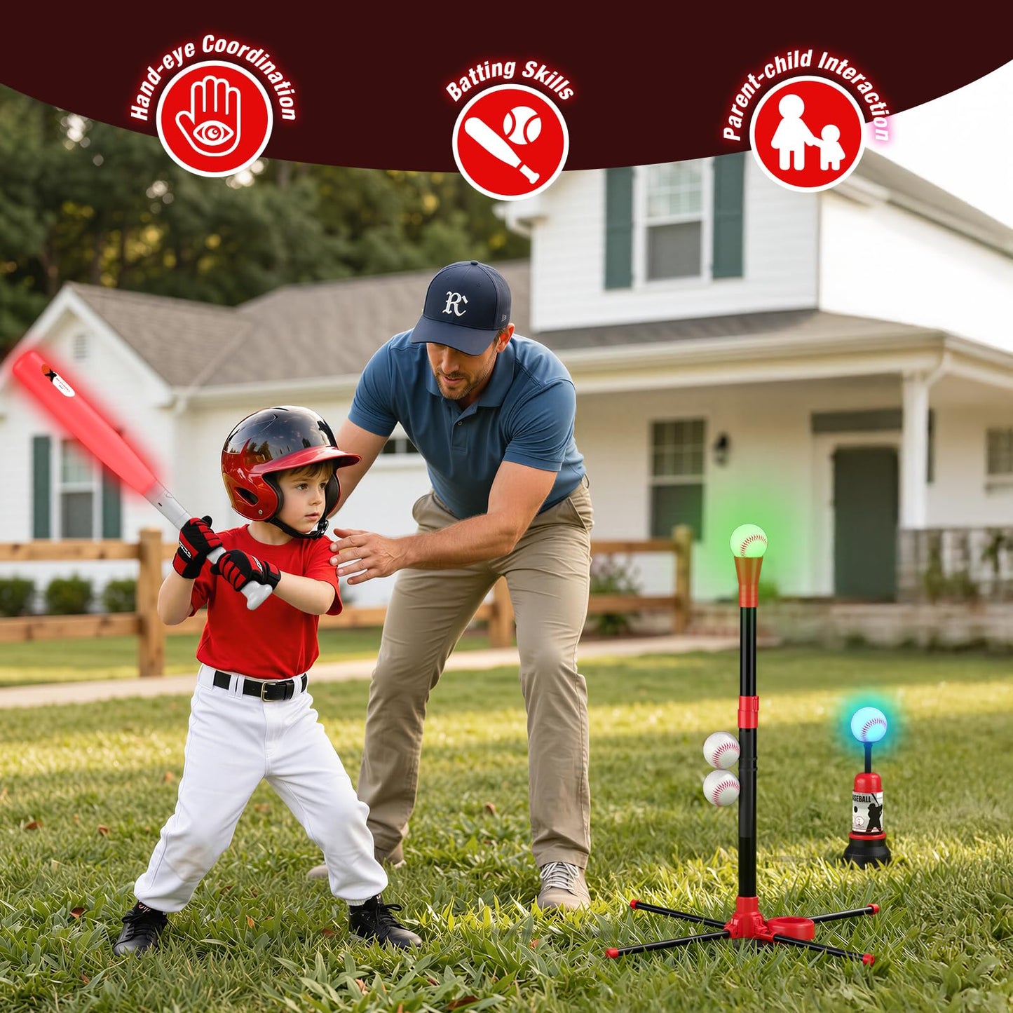 Wee Wonders 3-in-1 LED T Ball Set for Kids, Adjustable Height, Hanging Tee Ball Set with Baseball Launcher/4 Softballs/Light Up Bat, TBall Stand Sport Toys, Baseball Gifts for Boys Girls Age 3-5