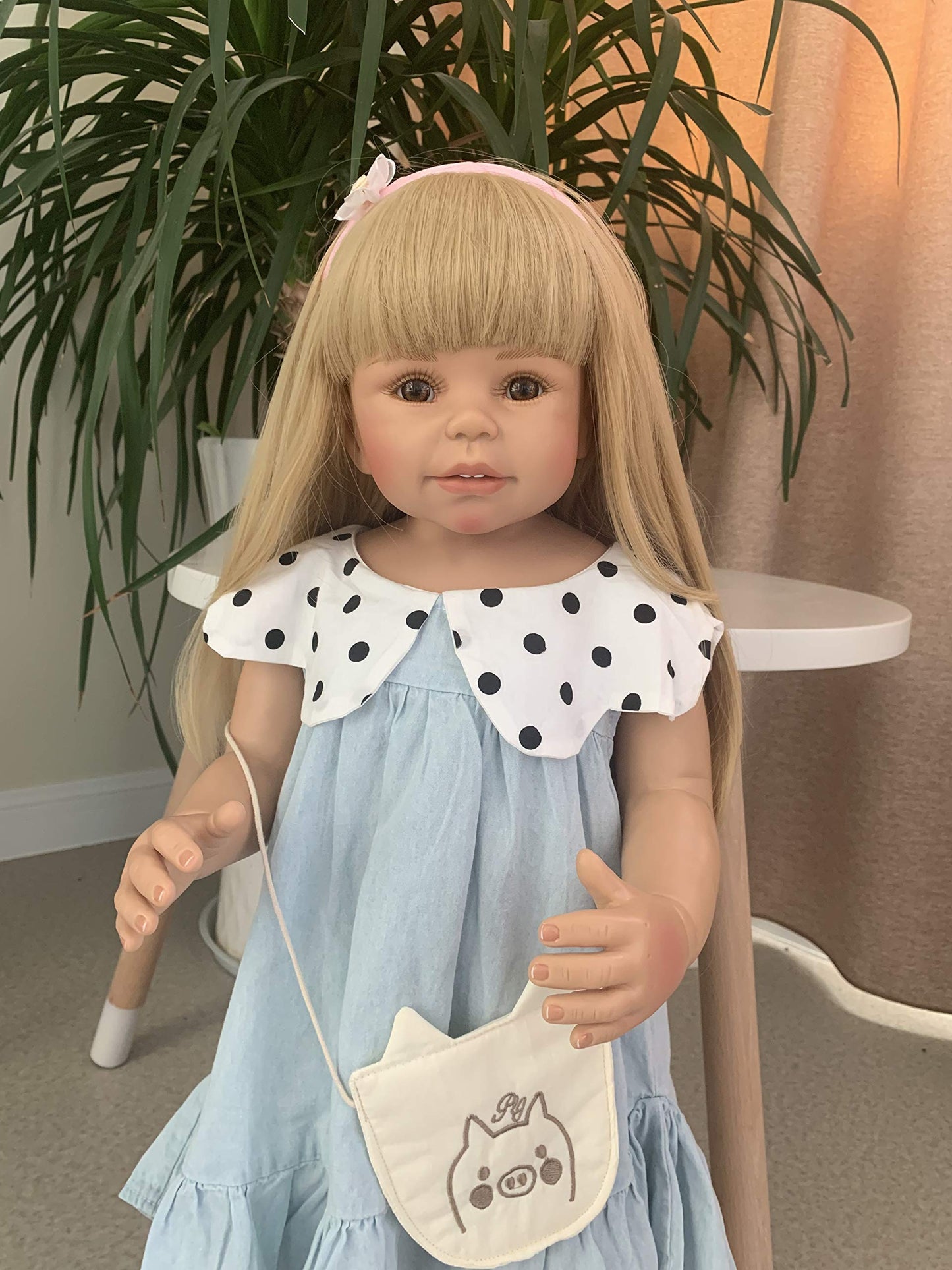28inch Reborn Toddler Dolls,Huge Baby Full Body Hard Vinyl Standing Girl Handmade Real Realistic Girl Parts Blue Dress Great Qualtity Masterpiece Doll Model Collectible