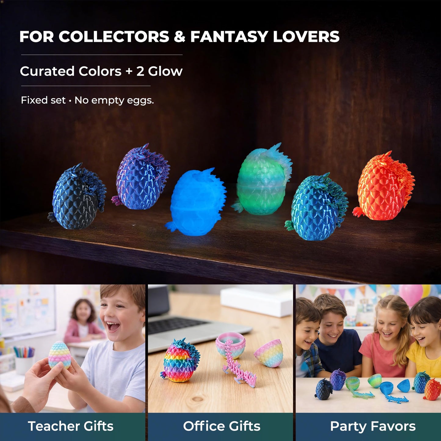 MiniMythos Toys 12 Pack 3D Printed Dragon Eggs with Dragons Inside, Mini Articulated Crystal Dragon Figures, Dragon in Egg Collectible Set, Desk Decor Display, Gift-Ready Box