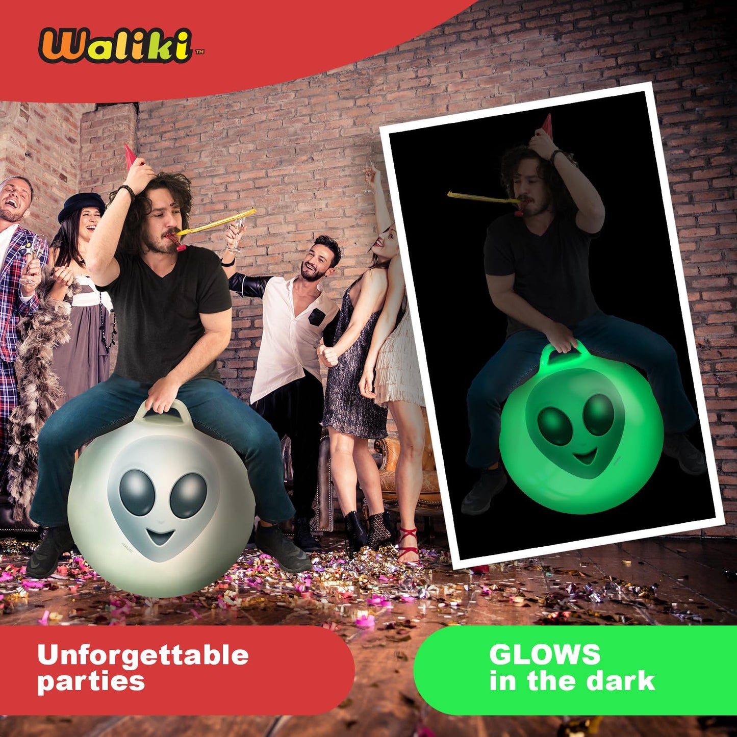 WALIKI Hop Ball for Adults | 29" Glow in The Dark Alien Hopping Ball | Sit and Bounce Ball | Great for Team Building