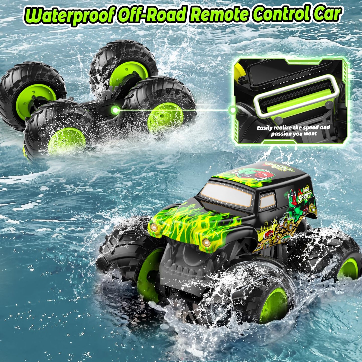 LAZZAROU Amphibious Remote Control Monster Truck for Kids, Self-Balancing 4WD Stunt RC Truck with Wheelie Action, Waterproof All-Terrain Off-Road Big Tire Toy Car for Boys Girls Ages 6–12, Pool Gift