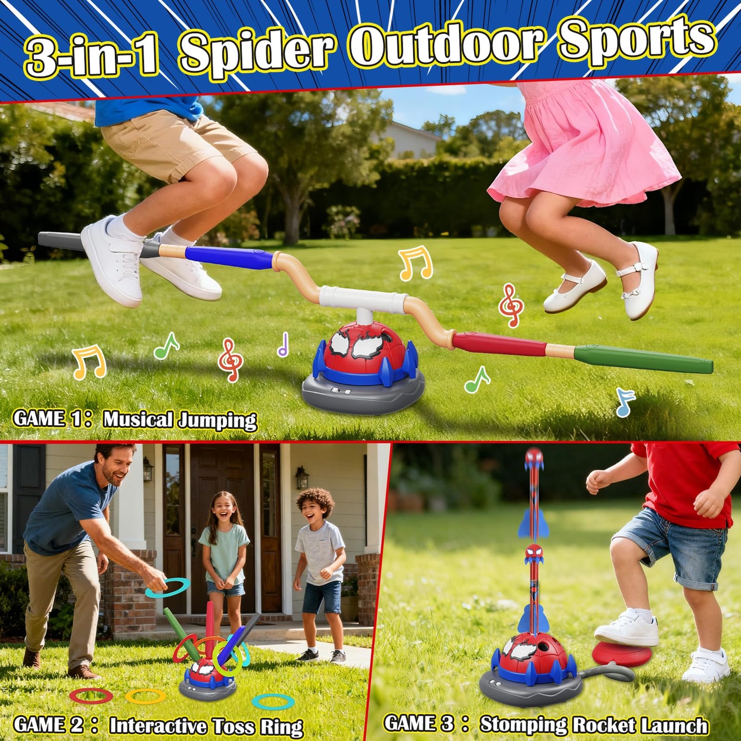Scarmat 3-in-1 Outdoor Toys for Kids 3-8, Spider Rocket Launcher & Ring Toss Musical Jump for Sports and Outdoors Active Play Set, STEM Learning Toys Birthday Gift for Boys Girls Ages 3 4 5 6 7 8