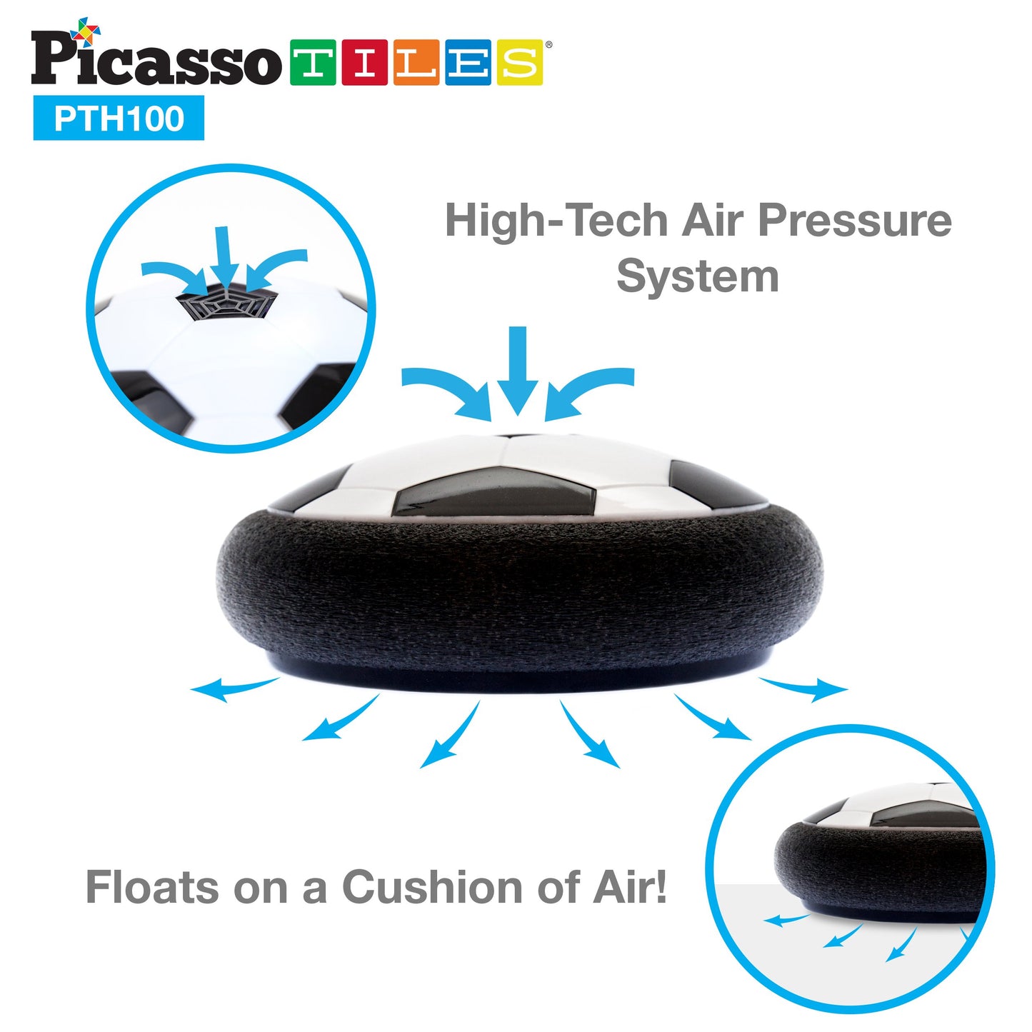 PicassoTiles Hoverball Air Hockey Soccer Floating Disc with LED Light Airlift Power Soft Bumper Indoor Gliding Toy Battery Operated Movement Training Game for Physical Activity Kids Age 3 Plus PTH100