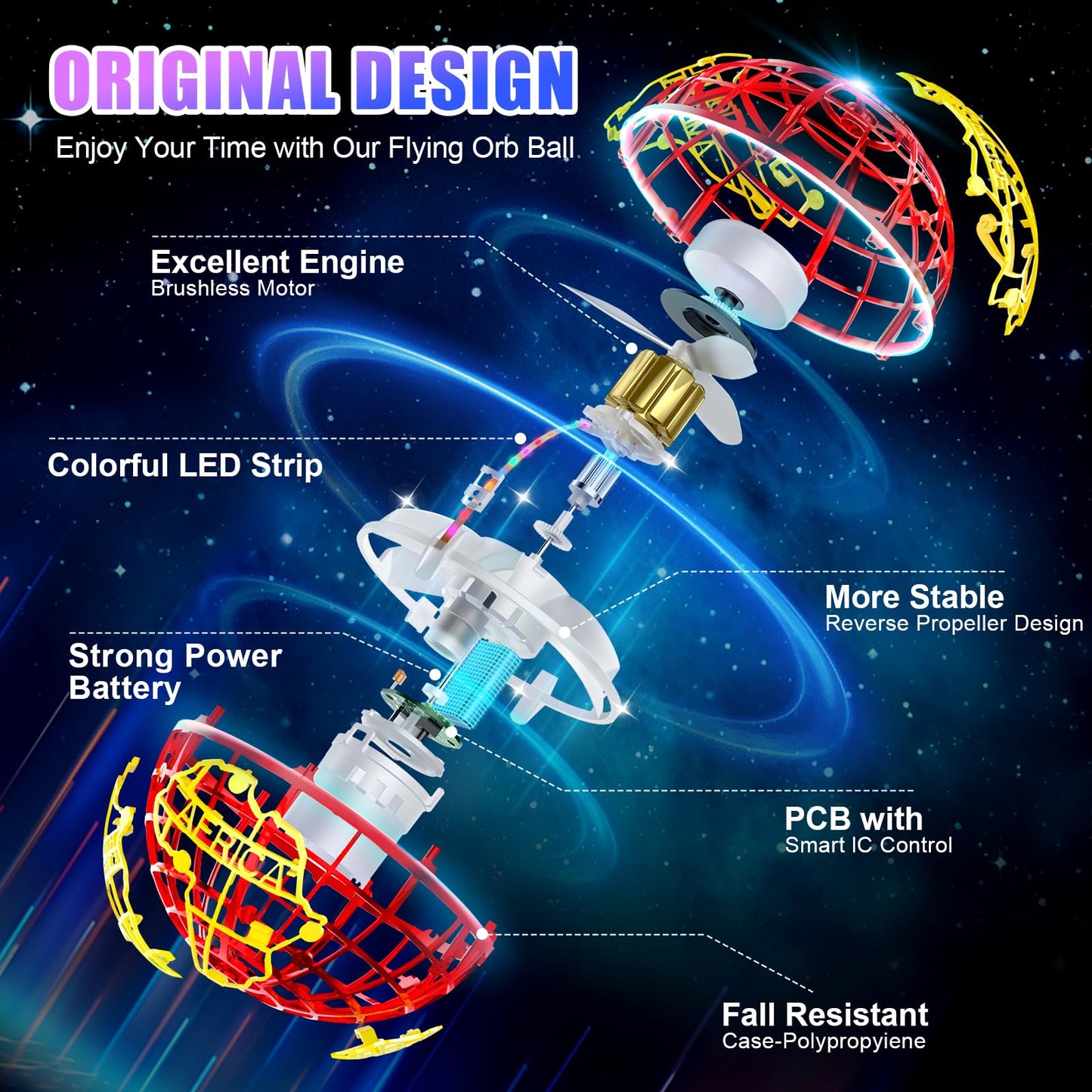 RIEYON Flying orb Ball 2025 Hover Boomerang Ball 6 Lighting Effects Cool Toys Gift for 678910+ Year Kids Teen Adults Indoor Outdoor Flying Ball Toy