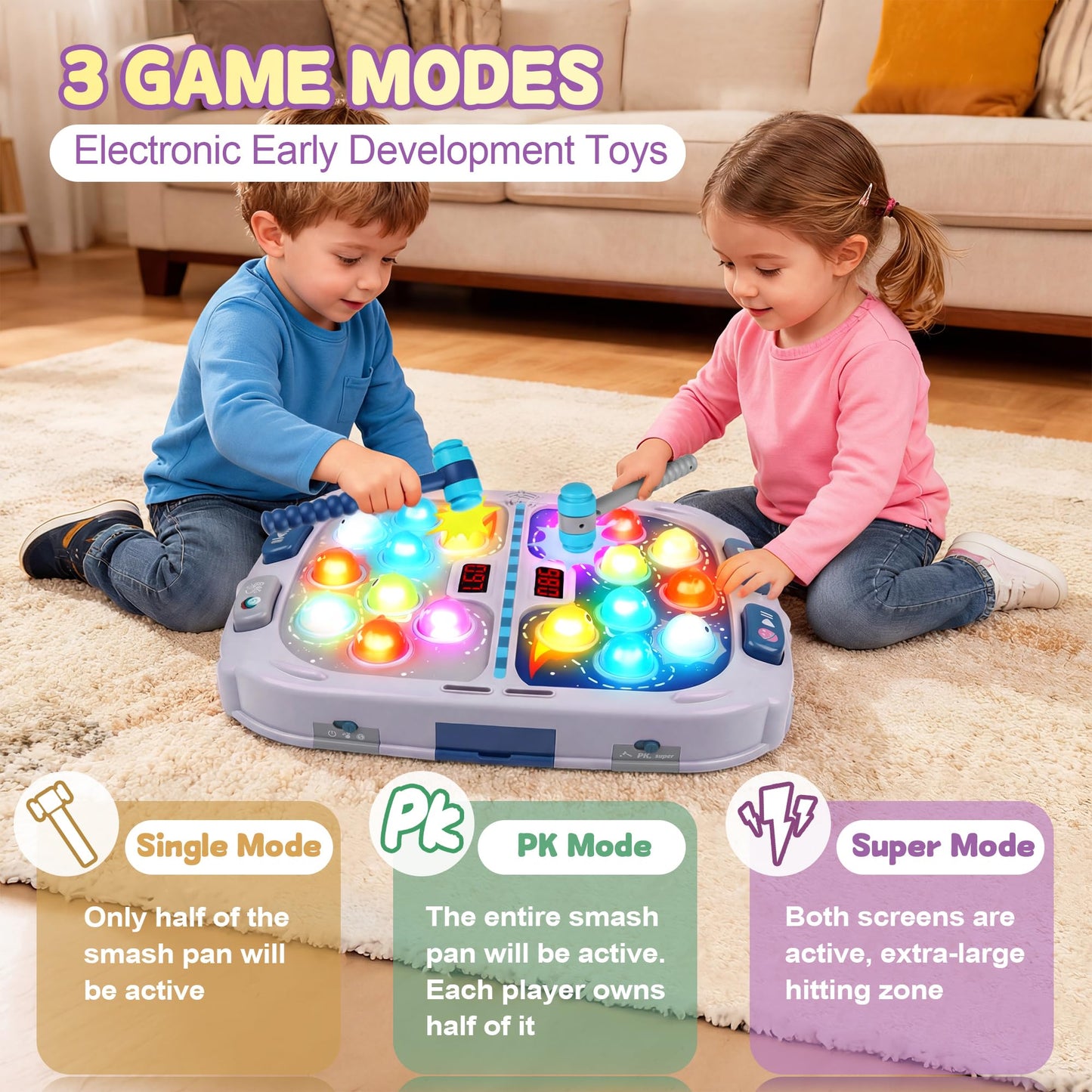 Whack Game Mole,Toys for 3+ Year Old,Birthday Gifts for 3 4 5 6 Year old Boys,Boys Toys Age 3,Toddler Gifts,2 Player Game Toy,Larger 11*15in Whack Toy with 5 Modes,9 Speeds,54 Levels and Light&Sounds