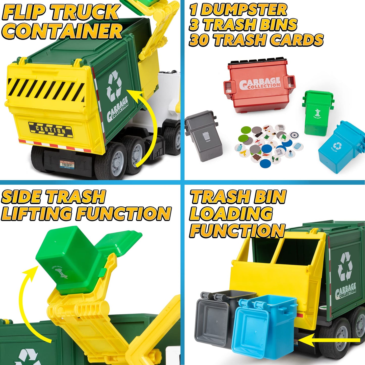 JOYIN Large Friction Powered Garbage Truck Toy Set, Includes 1 Dumpster, 3 Trash Bins, and 30 Learning Cards for Kids, Boy Toys Birthday Gift, Green