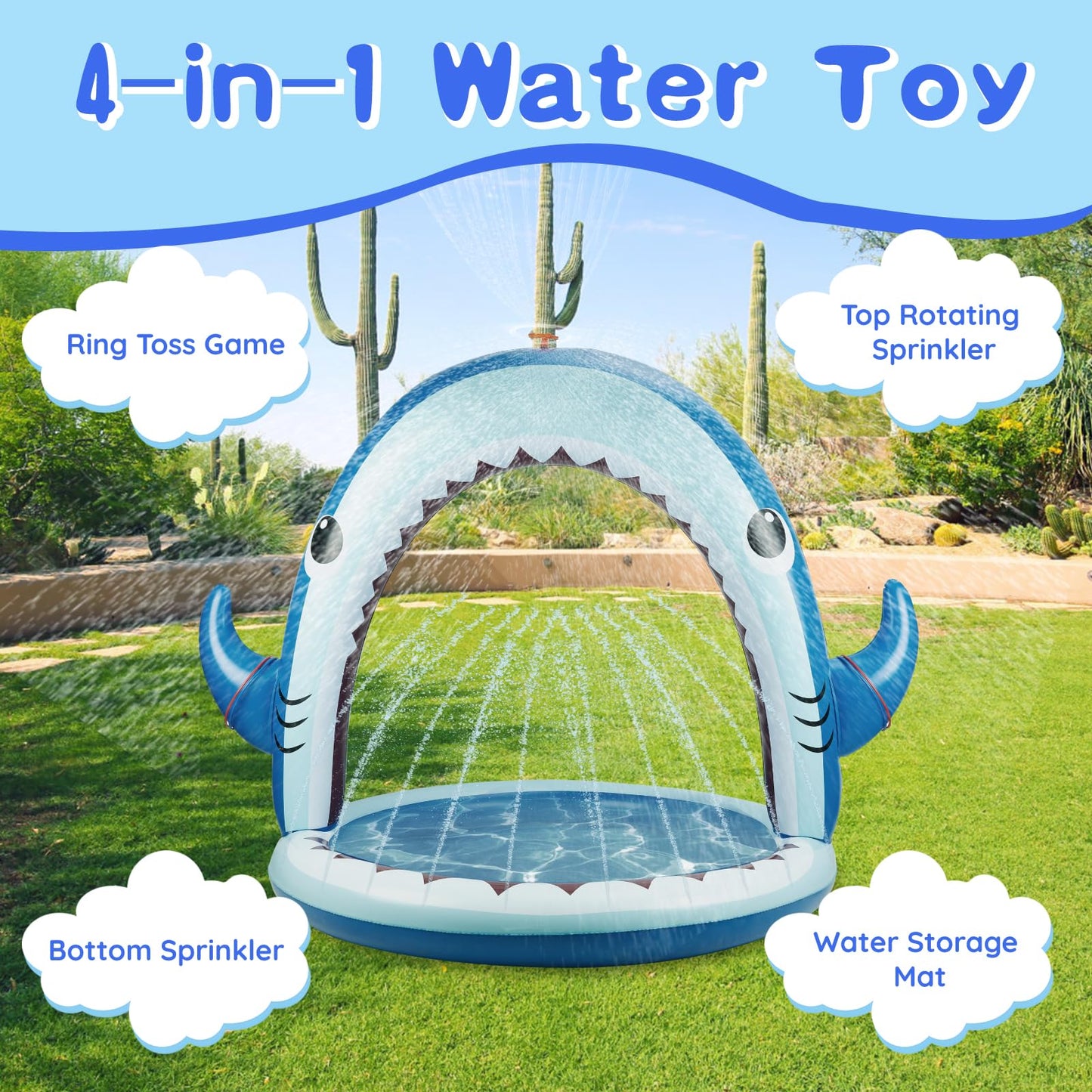 Gleamkid Giant Shark Sprinkler for Kids - Inflatable Water Toys Splash Pad with 360° Spray,4 PCS Plastic Toss Rings,Outside Water Play for Yard,Fun Sprinkler Summer Game Gift Boys or Girls Ages 3-8