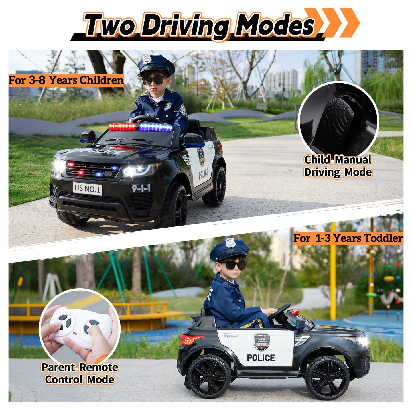 TOBBI Police Car Ride on Electric Car for Kids 1-8 to Drive Battery Powered 12V Ride-on Toys Cop Cars with Remote Control, Siren, Flashing Lights, Music, Spring Suspension, Carbon Black
