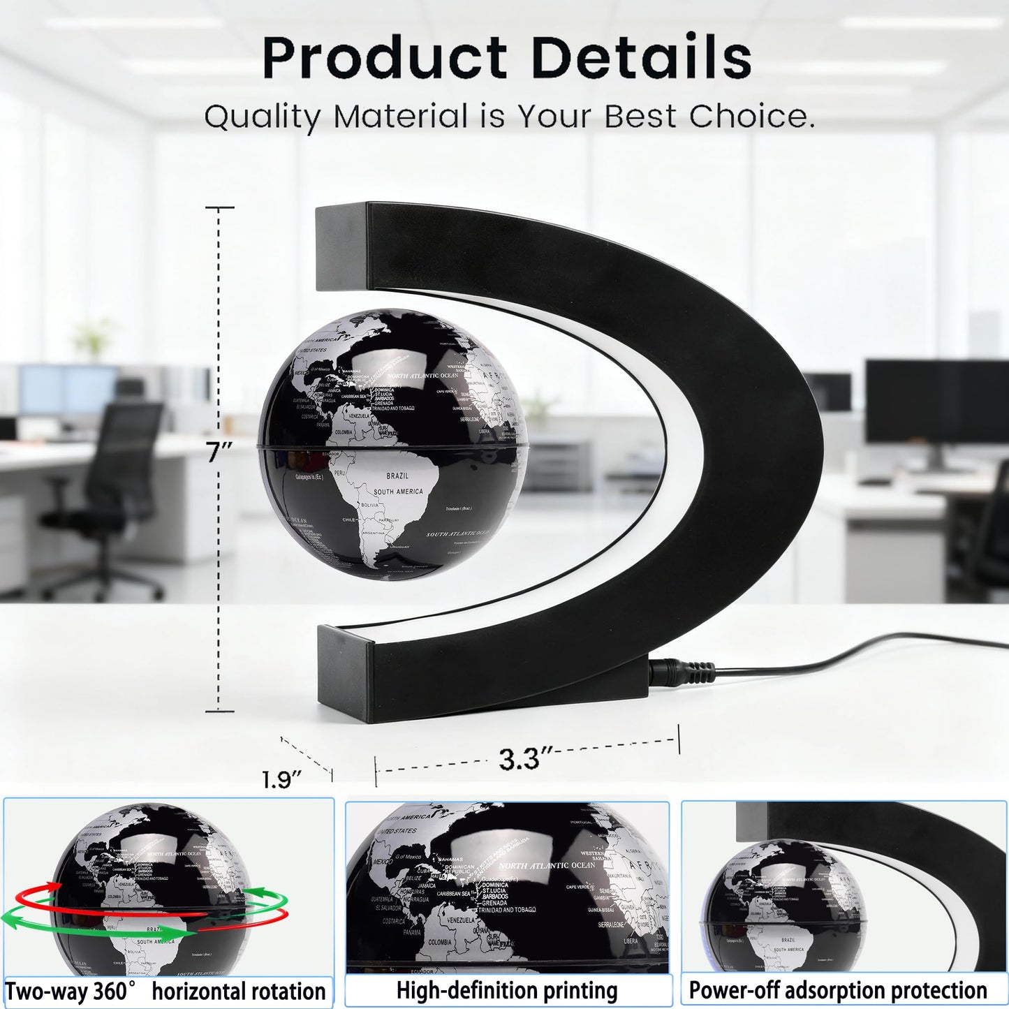 Magnetic Levitation Floating Rotating World Globe with LED Light - C Shape Anti Gravity Levitating Globe for Desk Office Decor, STEM Educational Map, Unique Tech Gift for Men Kids Boss, 3.5 Inches