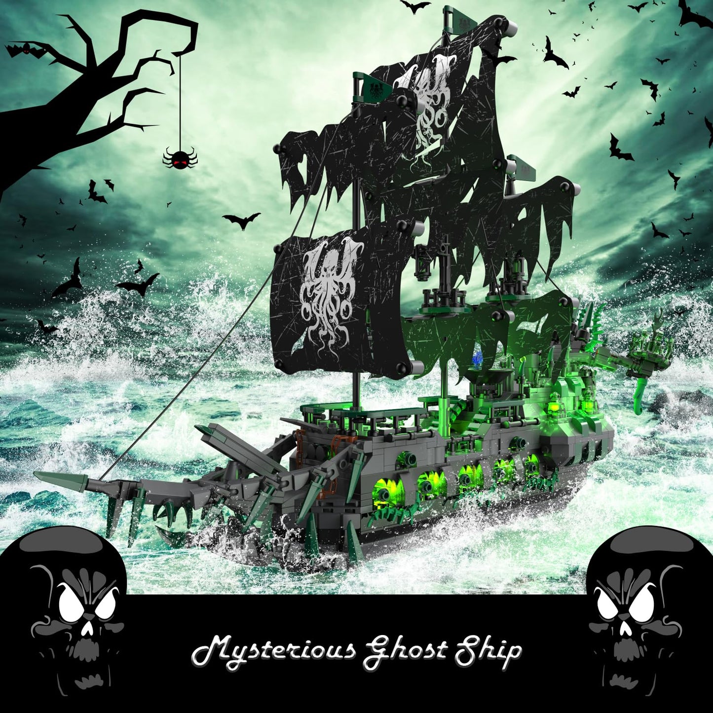 JMBricklayer Pirate Ship Building Toys with Lights, Ghost Ship Flying Dutchman Model Ship Boat 40001, Toy Building Sets for Adults, Easter Decor Christmas Birthday Easter Gifts (1100 PCS)