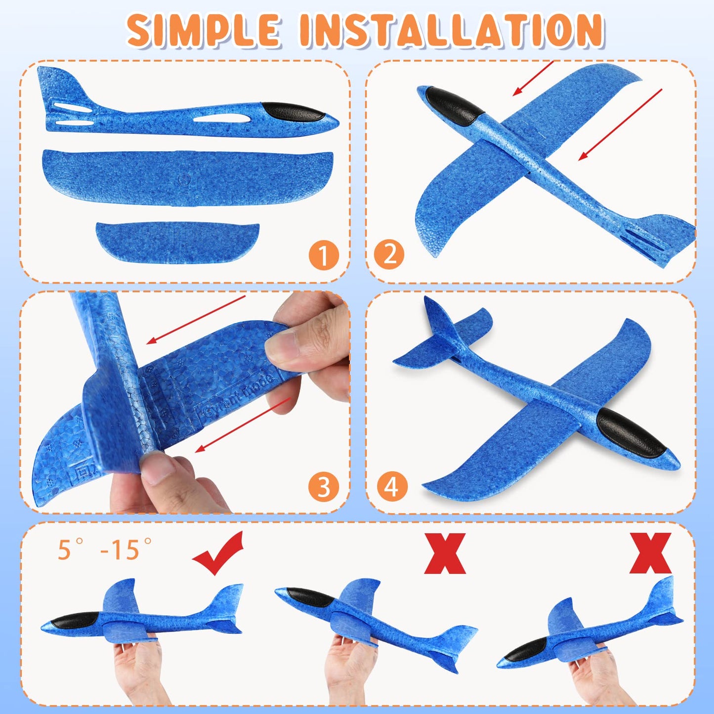 VCOSTORE 4 Pack Foam Airplanes for Kids, 17.5'' Large Throwing Foam Glider Planes Toys,Flying Styrofoam Kid Airplanes Toy for 3 4 5 6 7 8 9 10 11 12 Year Old Boys Girls with Outdoor Sports Play