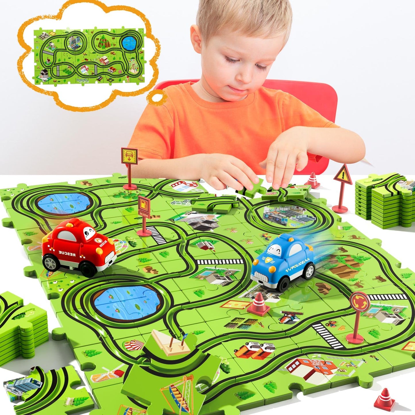 Beby Buty 48PCS Puzzle Race Track Car Set for Toddlers Kids Boys, Toddler Toys Birthday Gifts for 3 4 5 6 Years Old Boys and Girls, Floor Puzzle Tracks Car Toys for Ages 3-5 4-6