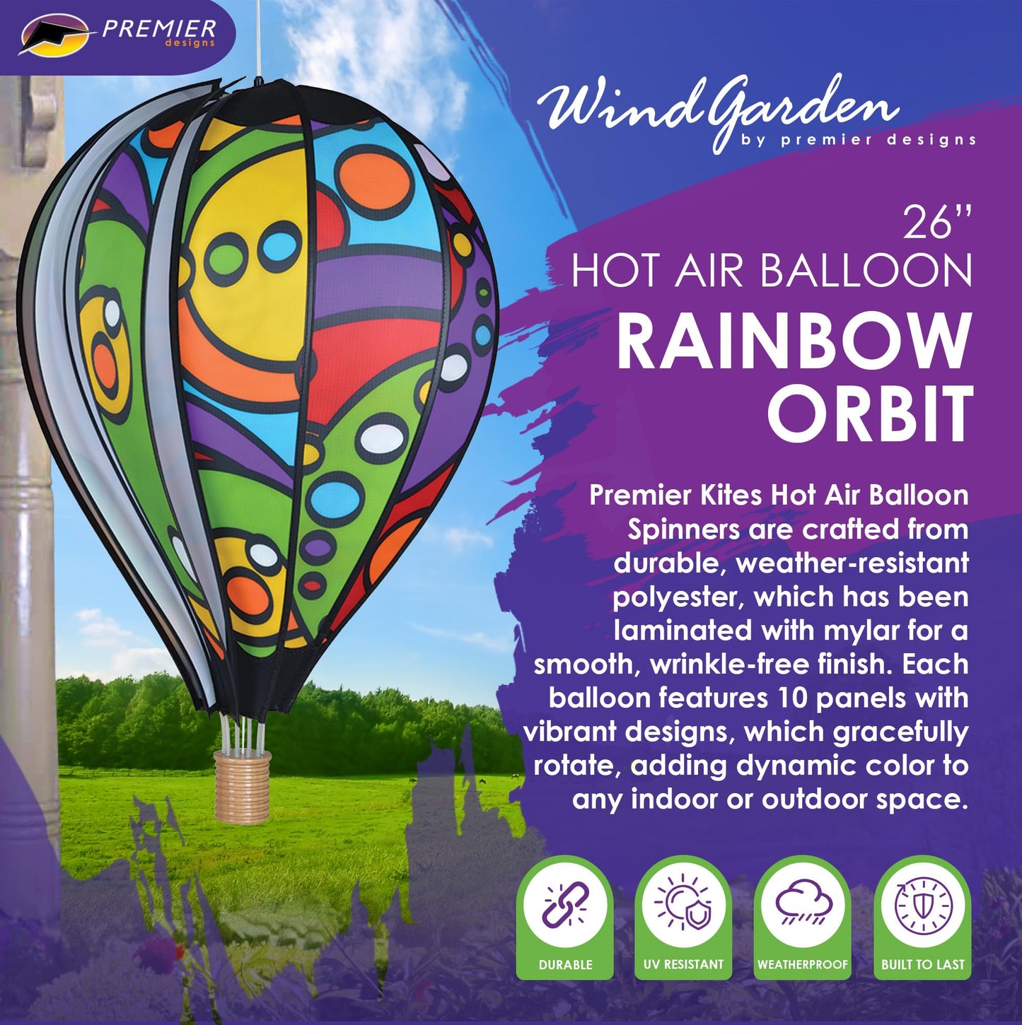 Hot Air Balloon Hanging Garden Spinner 26" - Vibrant Rainbow Orbit Design, Weather-Resistant Outdoor Decor, Durable & Lightweight for Patios, Yards, and Gardens - Eye-Catching Wind Spinner
