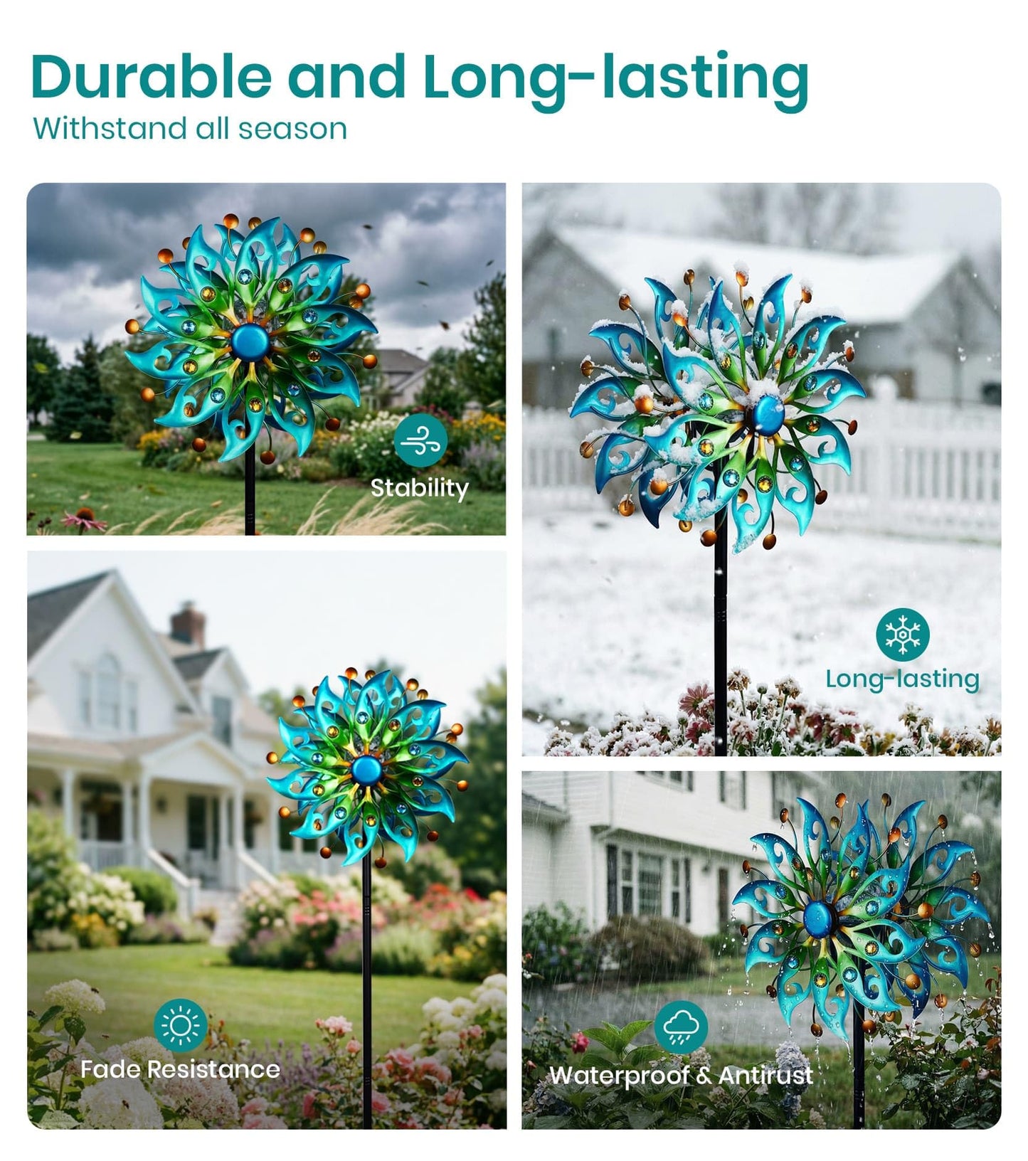 VUFOZ Solar Wind Spinners Outdoor – H63xW13 Metal Kinetic Garden Spinner with Crackle Glass Ball & Built-in Solar Panel – Peacock-Style Yard Wind Sculpture with LED Light