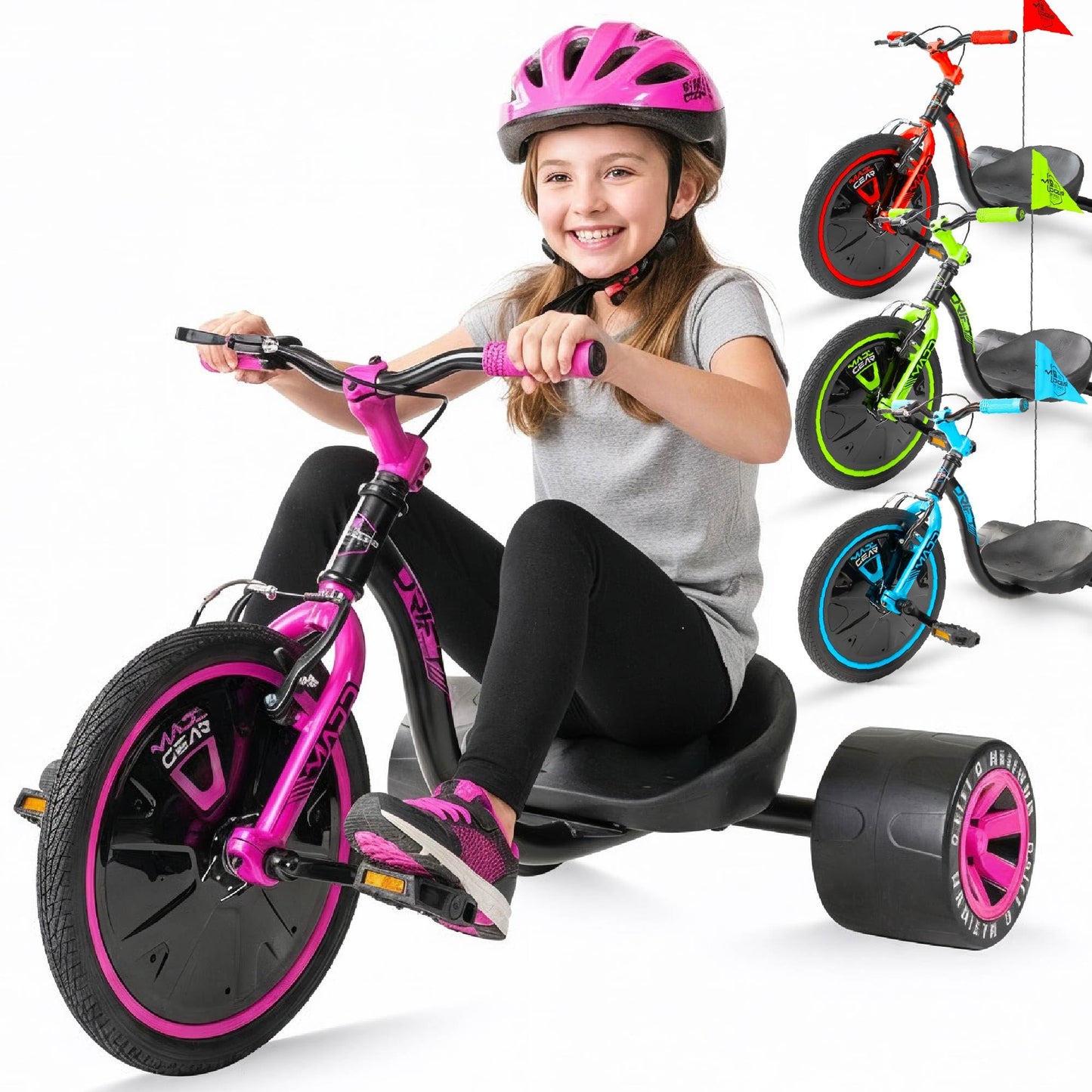 Drift Trike for Kids Ages 5+ – 16" Front Wheel Ride-On with Adjustable Seat, Steel Frame, Rear Slick Drift Wheels & Safety Flag – Madd Gear (Pink/Teal)