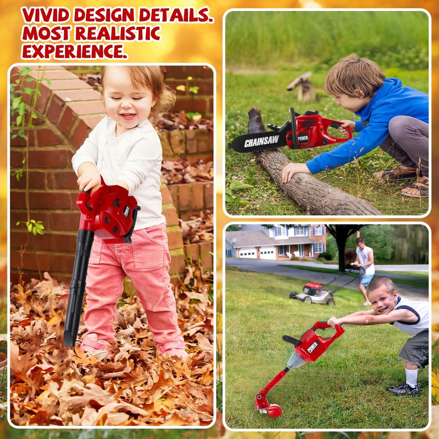 Arrowbash 3-in-1 Kids Gardening Toy Set, Toy Leaf Blower & Kids Chainsaw & Weed Trimmer with Realistic Sound, Outdoor Backyard Play Educational Learning Birthday Summer Gift for 3-8 Boys Girls
