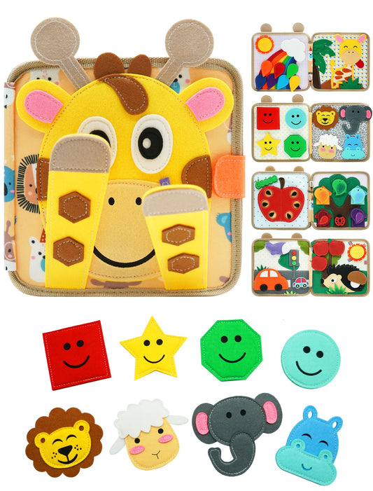 BizyKoady Busy Book for Toddlers 1-3, Montessori Toys for 1 Year Old, Kids Travel Toys, Educational Activity Book, Birthday Gifts for Boys & Girls, Washable Felt Busy Board, Giraffe