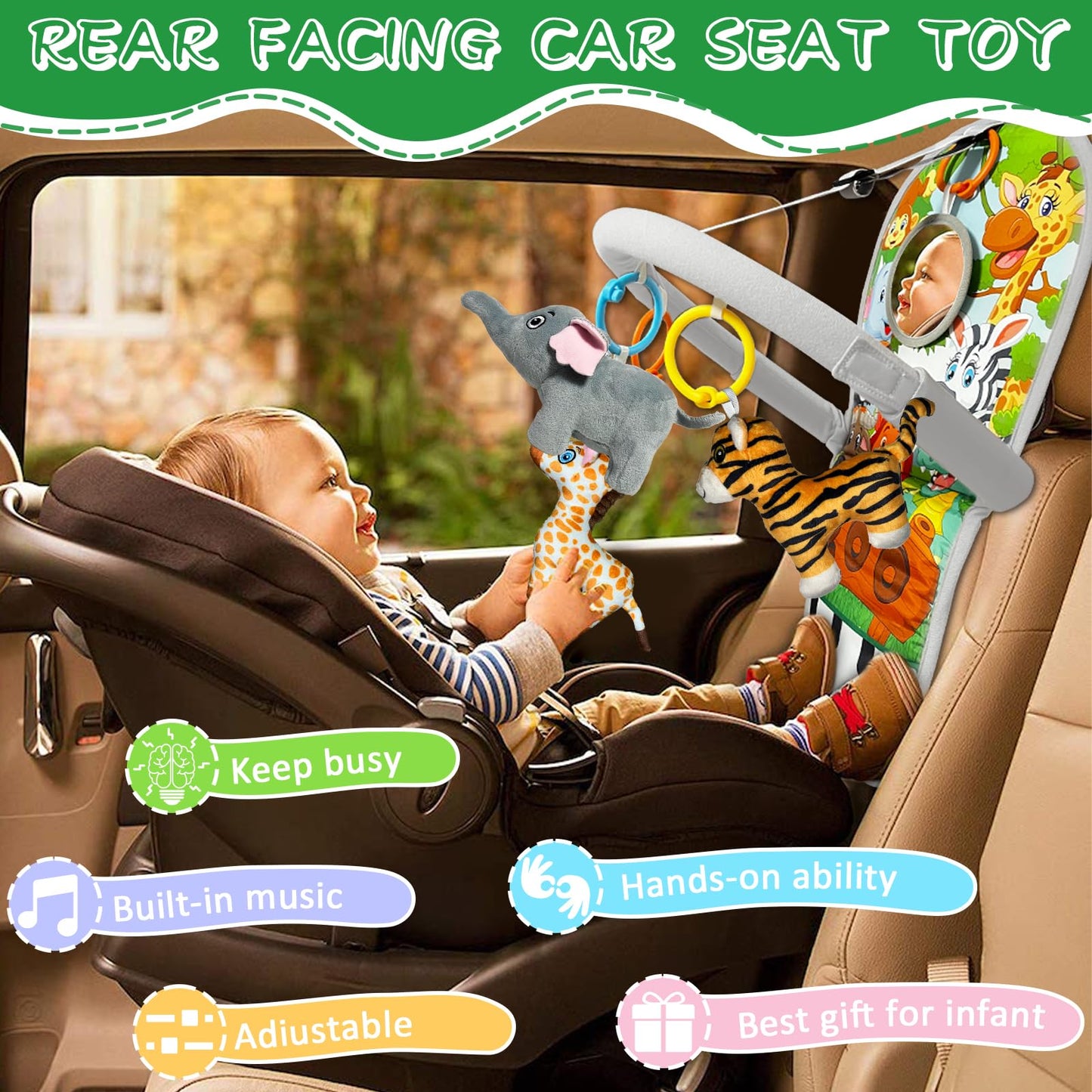 TOYMNI Car Seat Toys for 6-12 Months - Musical Pedal Piano with Baby Mirror, Squeaky Sensory Soft Animal Toys for Rear Facing Carseats