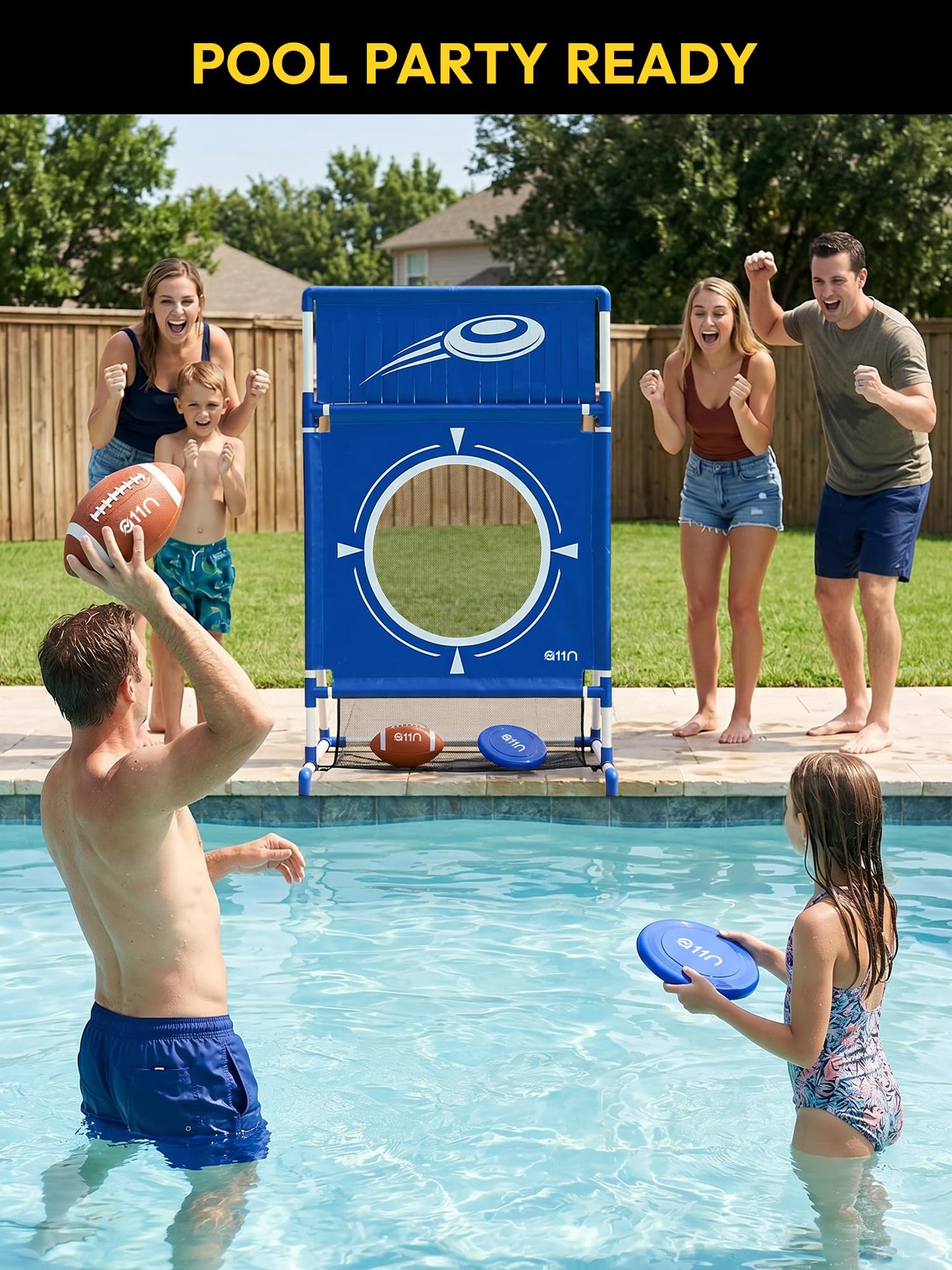 A11N SPORTS Poolside Target Game Set - 2-in-1 Outdoor Swimming Pool Toss Toy with Flying Discs & Foam Footballs, Backyard Water Party Games for Kids & Adults, Summer Fun Activities