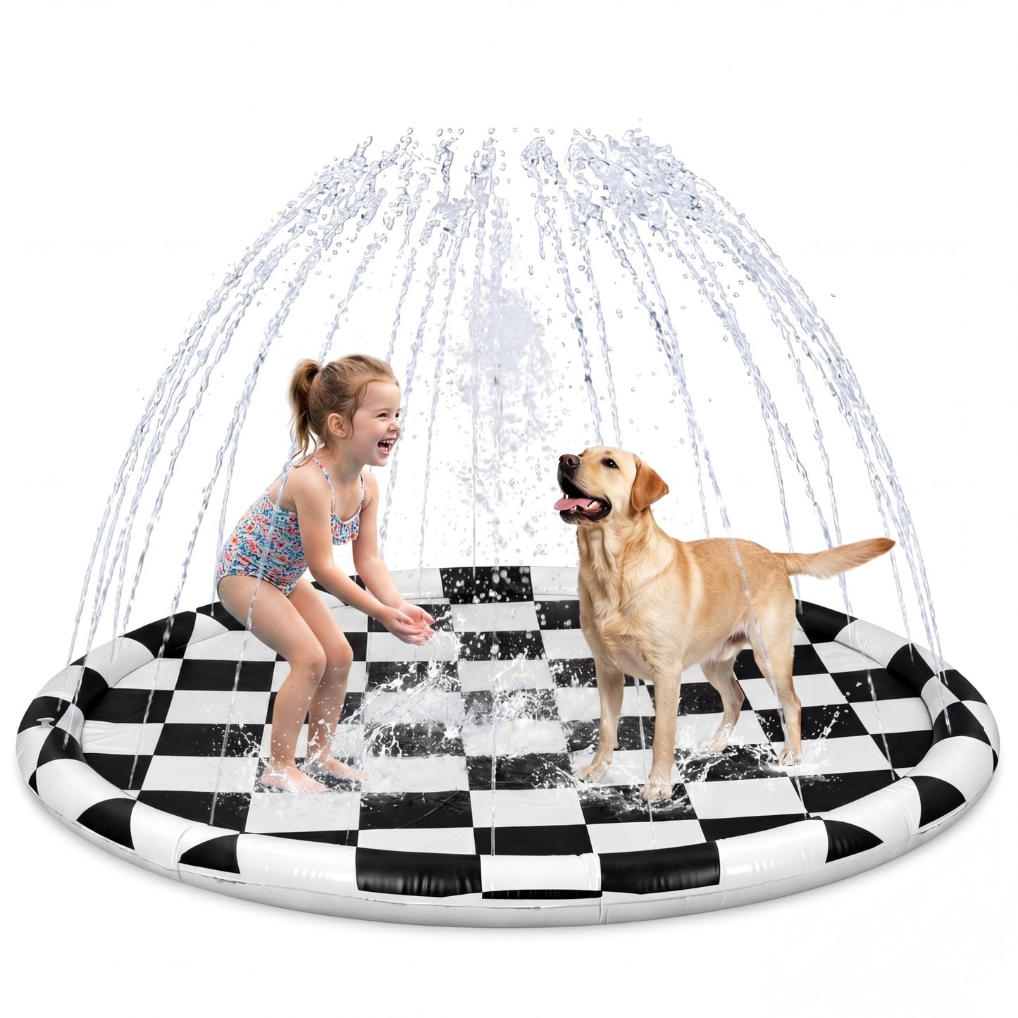 Skylety 60" Black White Checkered Non-Slip Kids Dog Splash Pad Sprinkler Large Splash Pad Sprinkler Fountain Play Mat Summer Outdoor Water Toys for Pet Dog Kids Toddlers Backyard