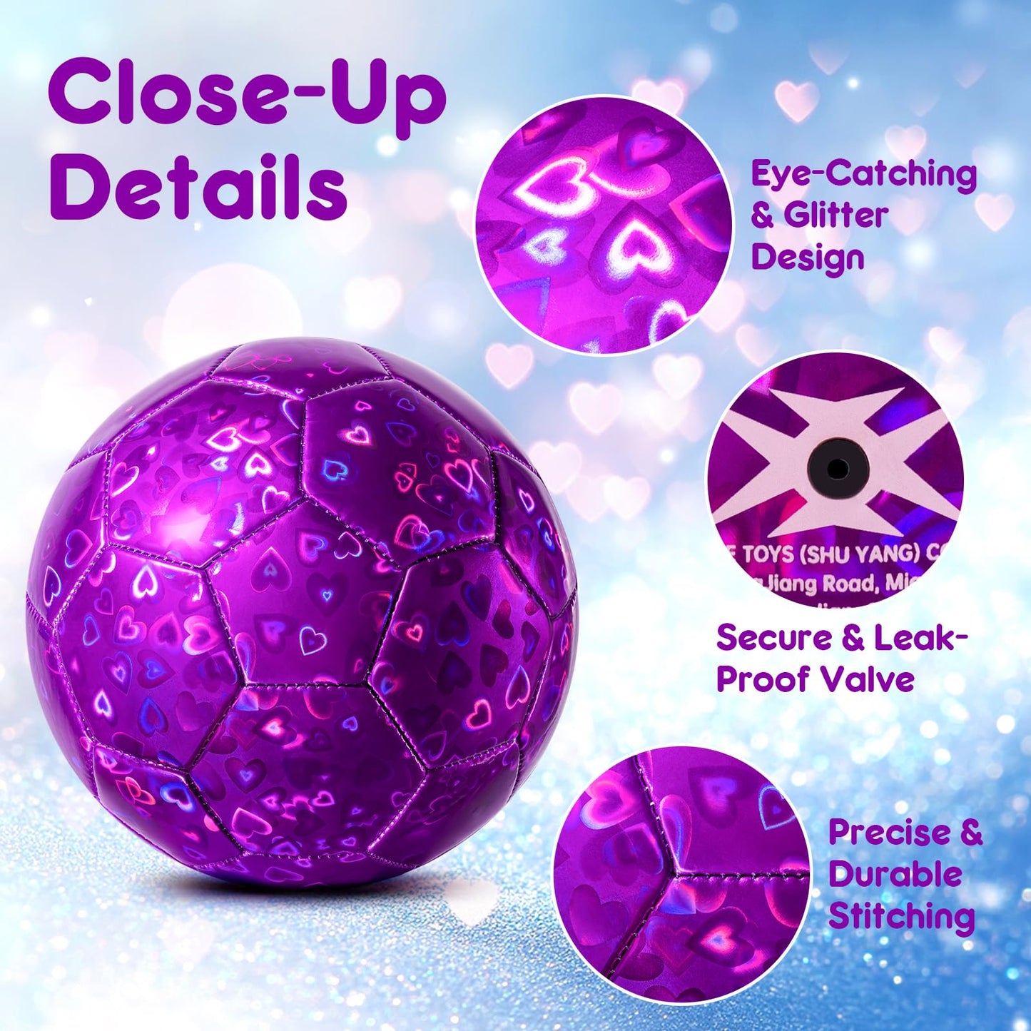 Paokoo Soccer Ball Size 3 - Glitter Purple Heart Training Ball Small Soft for Boys Girls 3-8 - Great Soccer & Birthday Gift for Toddlers & Kids Back to School Indoor Outdoor Games