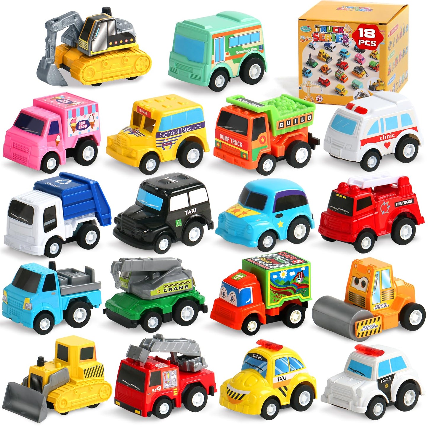 Fajiabao 18 PCS Toy Cars for Toddlers Mini Pull Back Cars Trucks Pinata Stuffers for Kids Party Favors for Kids 3-5 Classroom Prizes Basket Bulk & Goodie Bag & Treasure Box for 2 3 4 5 6 Boys Girls