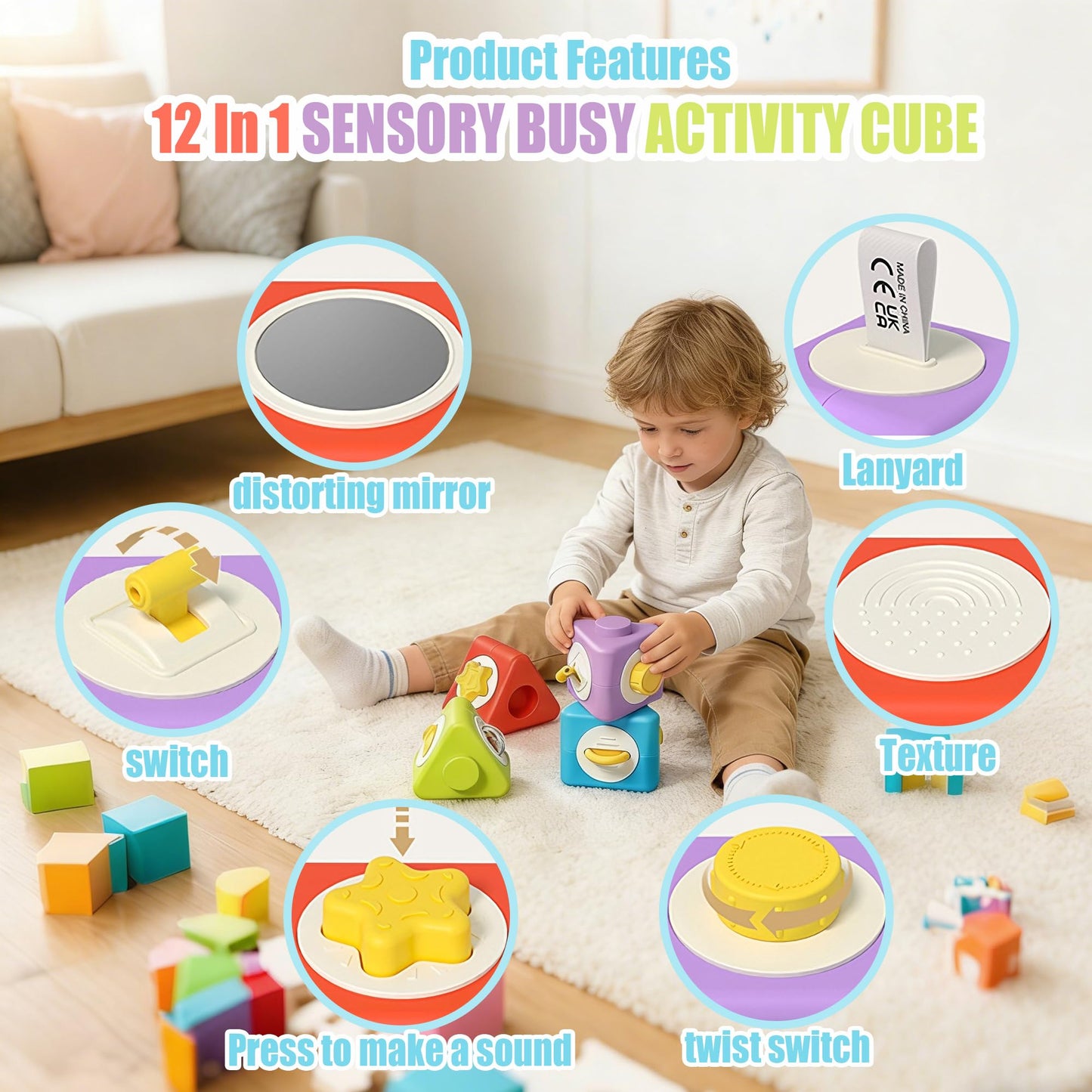 HUNKING Activity Cubes & Stacking Toy Blocks Set of 4,12-in-1 Montessori Toys for 1-2 Years Old,Educational Activities Sensory Travel Toys for Airplane & Car, Perfect Birthday for Toddlers