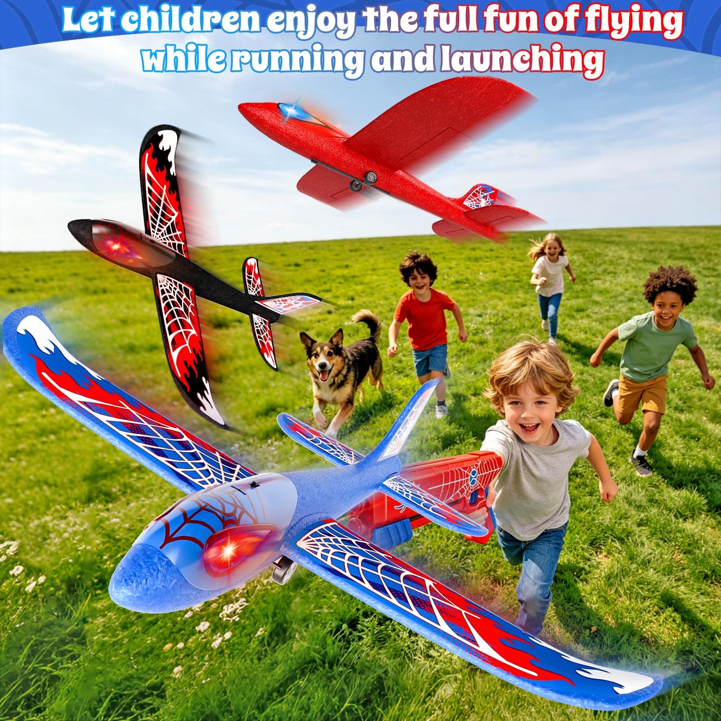 Doloowee 4 Pack Airplane Launcher Toys for Kids, 12.6" Foam Glider LED Plane, Dual Catapult Foam Plane, Outdoor Sport Flying Toys, Gifts for 3 4 5 6 7 8 9 10 12 Year Old Boys Girls